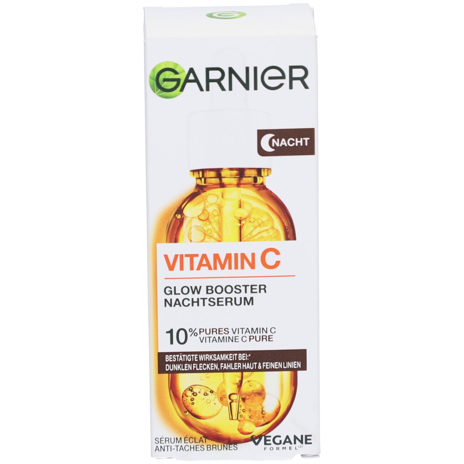 Produktverpackung mit Produktnamen und Inhaltsangabe. Marke Garnier sichtbar. Abgebildet ist eine Flasche mit Pipette.