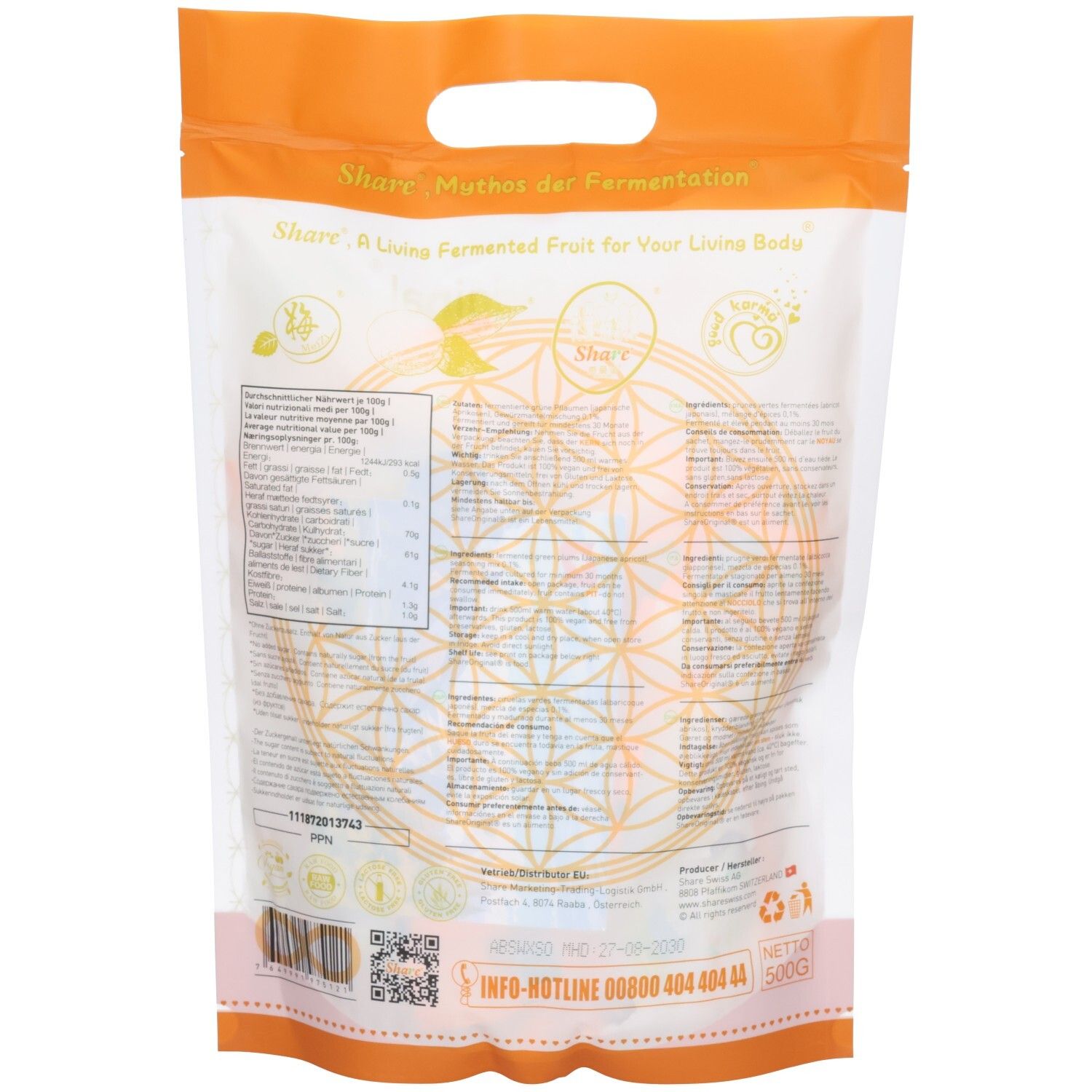 Rückseite der Verpackung mit Share Original. Text, Nährwertangaben und Logo. Orangefarbener Rand und Griff.