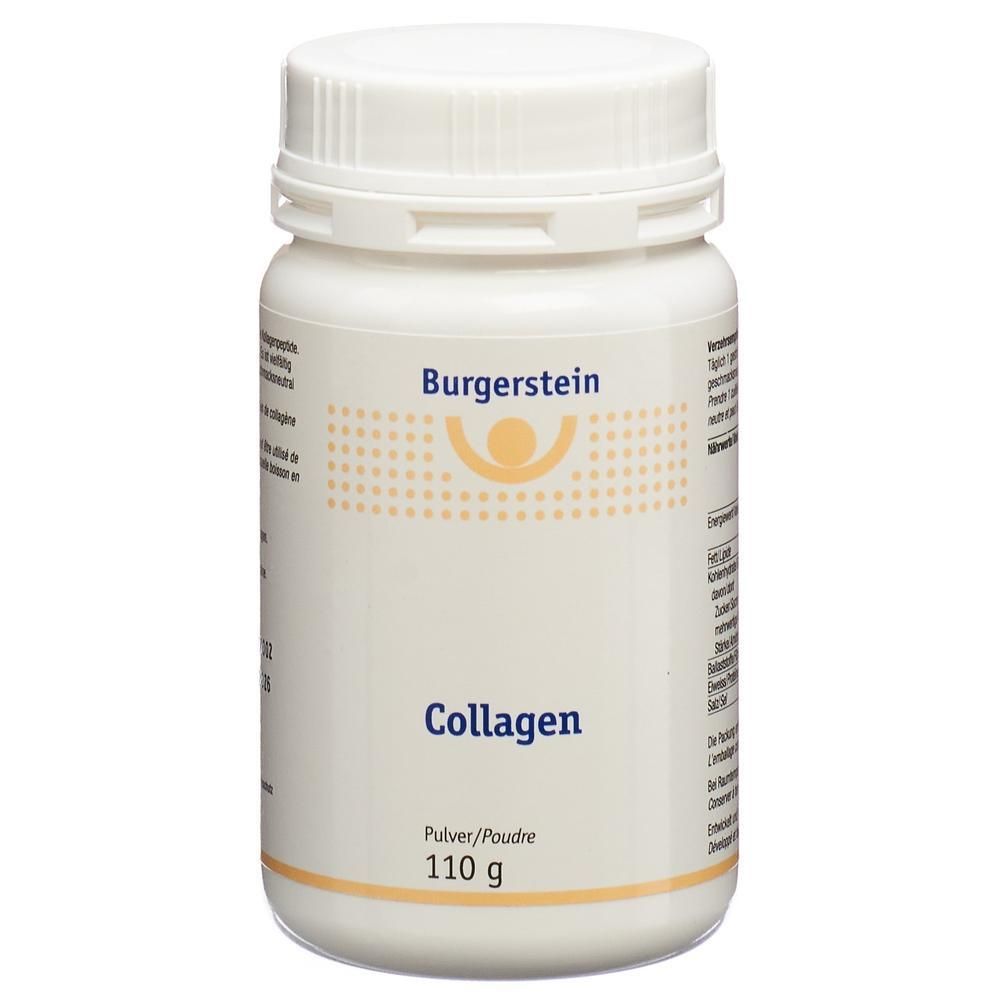 Weiße Dose mit Schraubverschluss. Aufschrift Burgerstein Collagen, Pulver, 110 g.