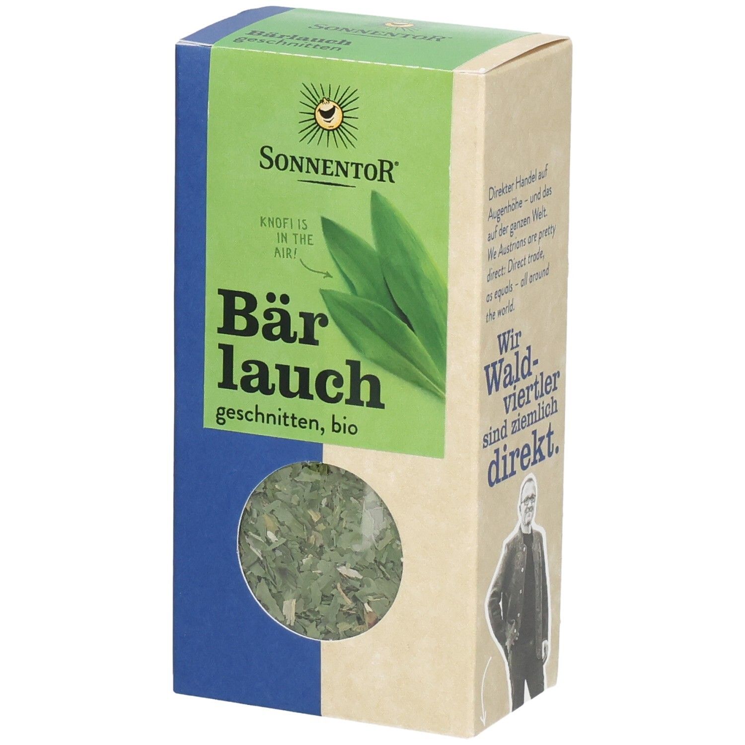 SonnenTor Bärlauch geschnitten, bio. Kartonverpackung mit Sichtfenster.