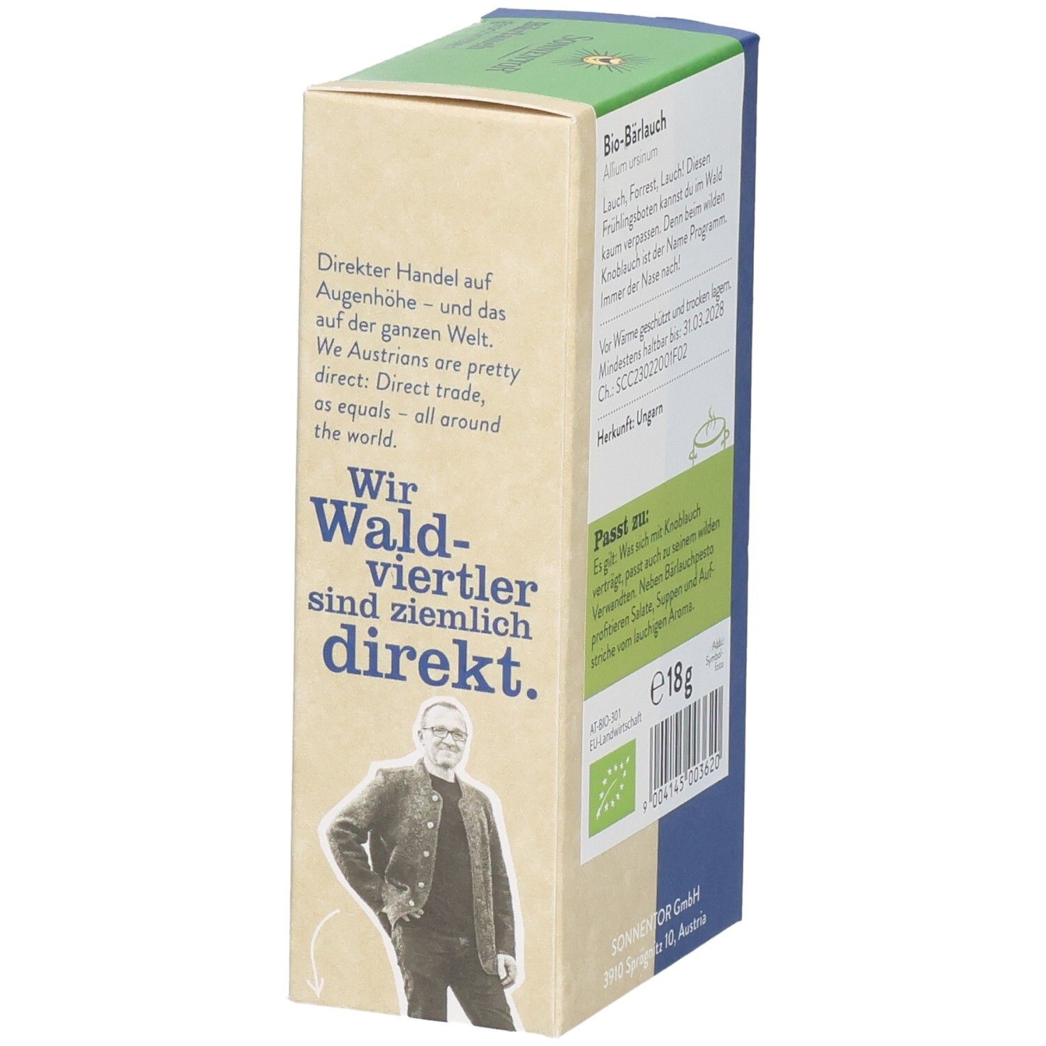 SonnenTor Bärlauch geschnitten, bio. Seitenansicht mit Text und Abbildung einer Person.