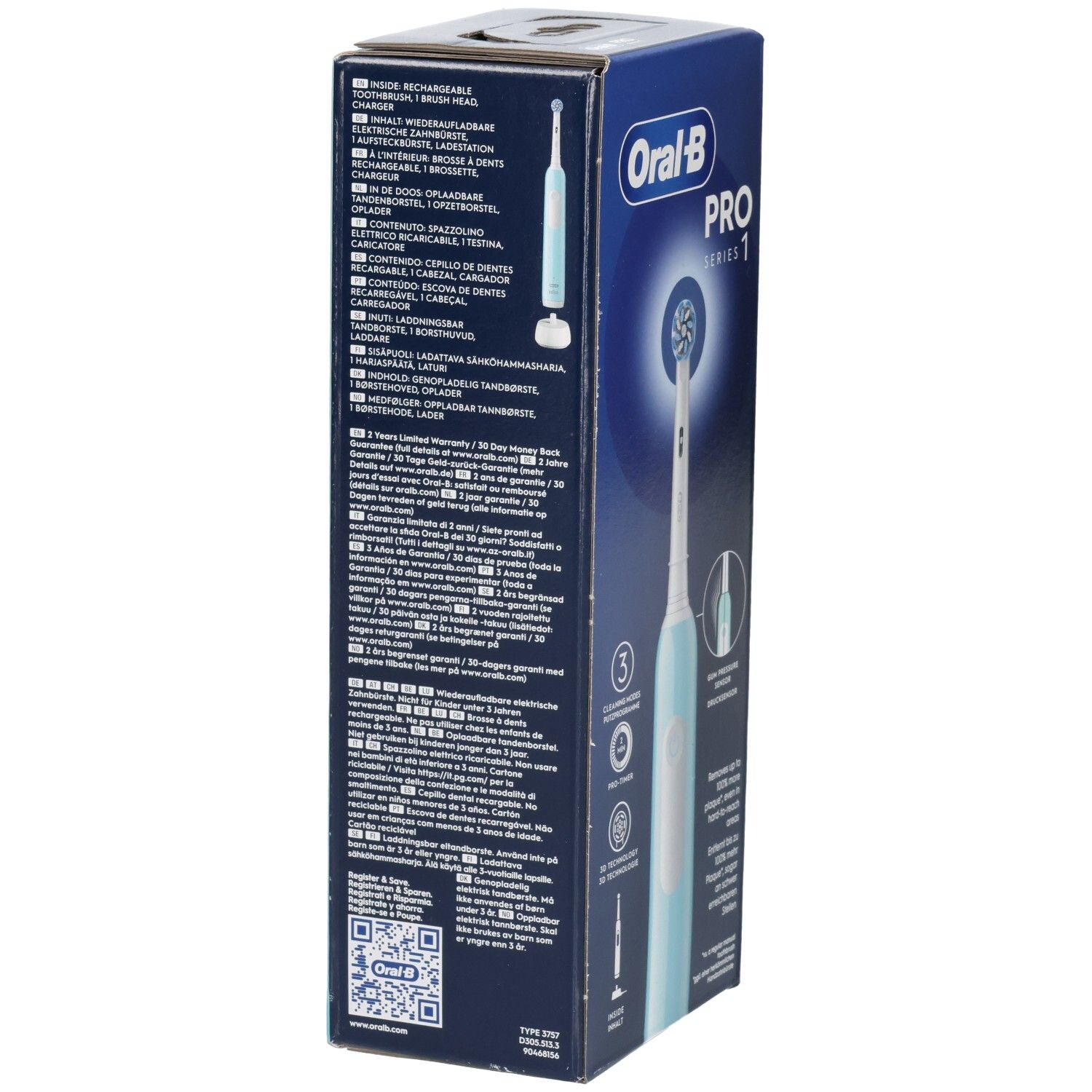 Rückseite der Verpackung. Text in mehreren Sprachen. Abbildung der Zahnbürste und Ladefunktion. QR-Code.