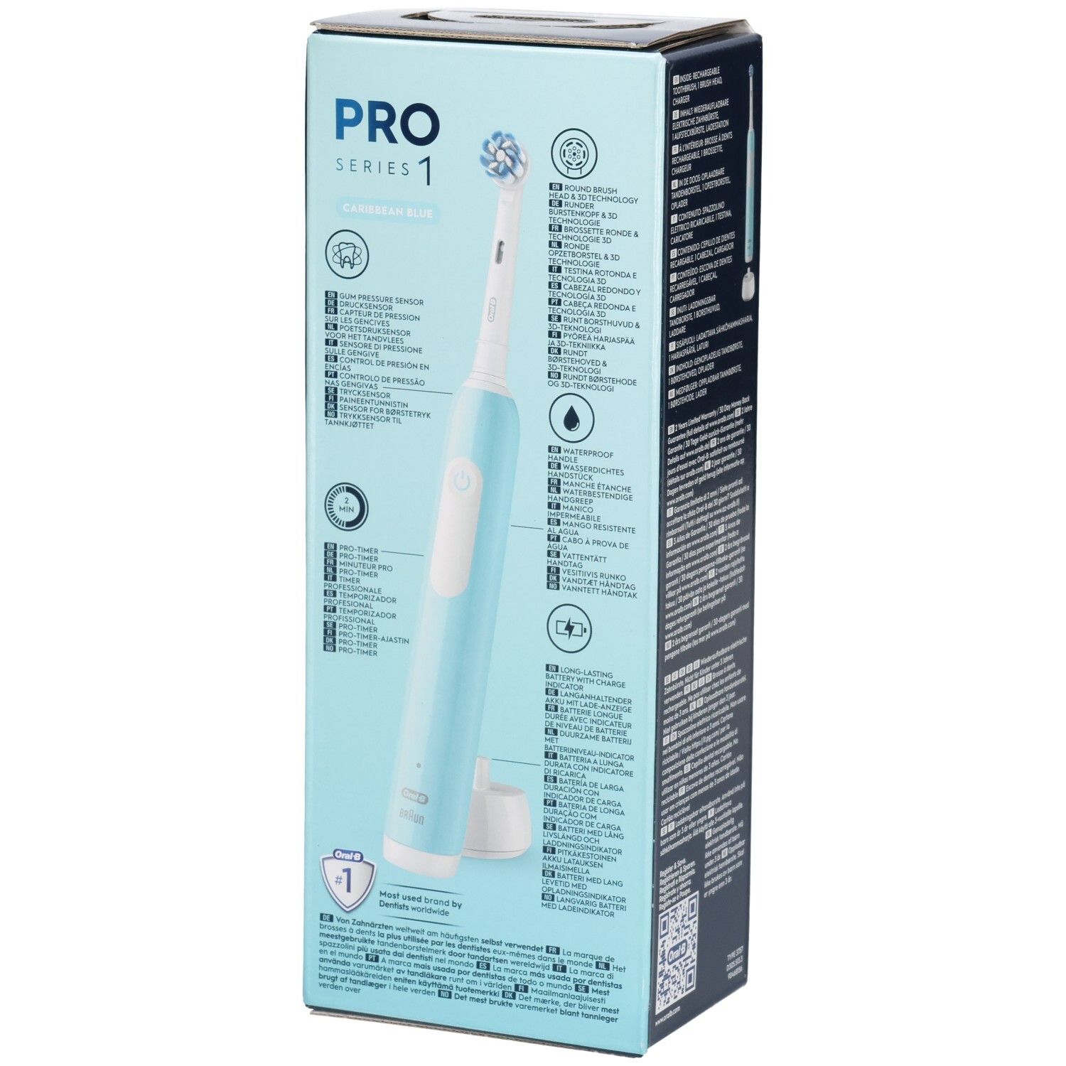 Verpackung mit Zahnbürste. Produktinformationen und Logos. Zahnbürste in blau-weiß. Illustrationen und Text.