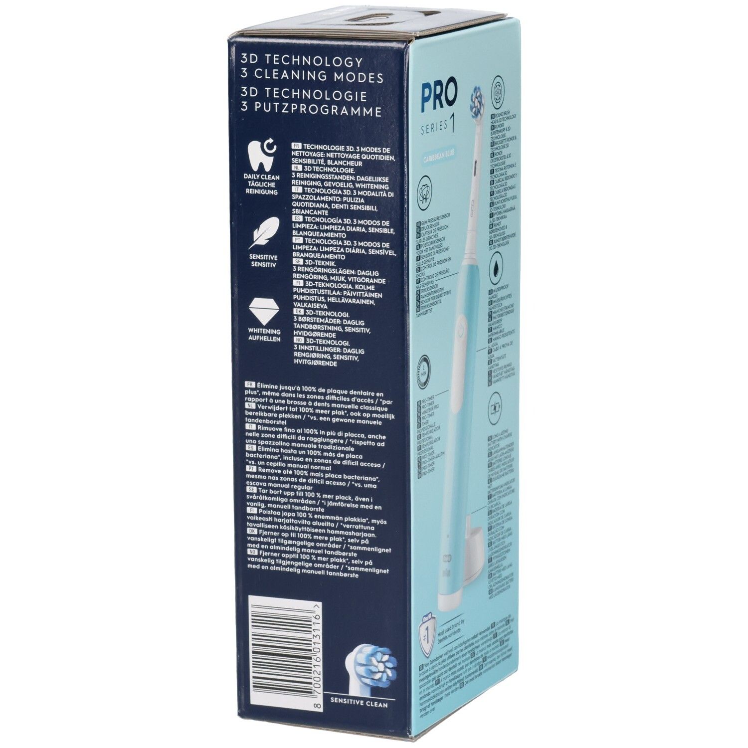 Verpackung mit Zahnbürste. Produktmerkmale und Logos. Zahnbürste in blau-weiß. Illustrationen und Text.