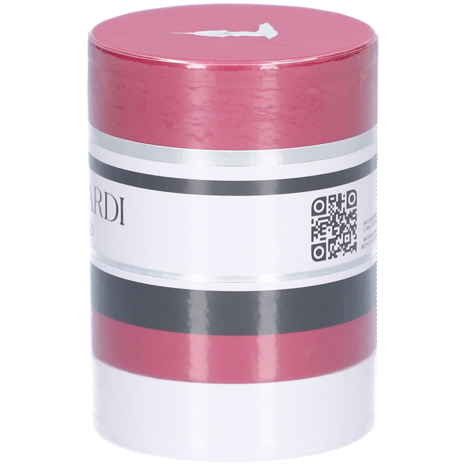 Zylindrische Verpackung. Trussardi Ruby Red. Rot, Weiß, Schwarz. Logo und Produktname. QR-Code auf der Verpackung.