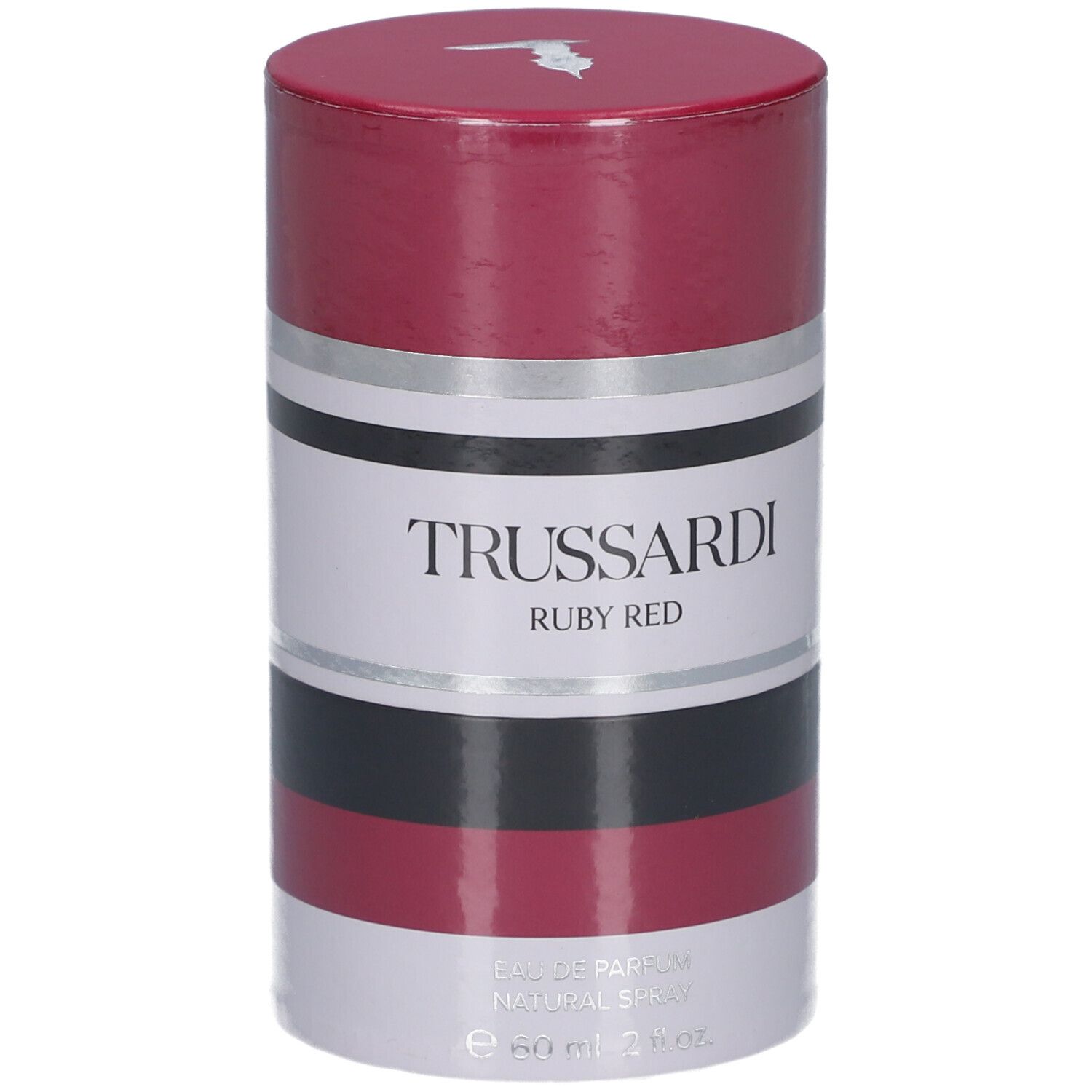 Trussardi Ruby Red Eau de Parfum Naturspray in zylindrischer Verpackung mit roten und silbernen Streifen.