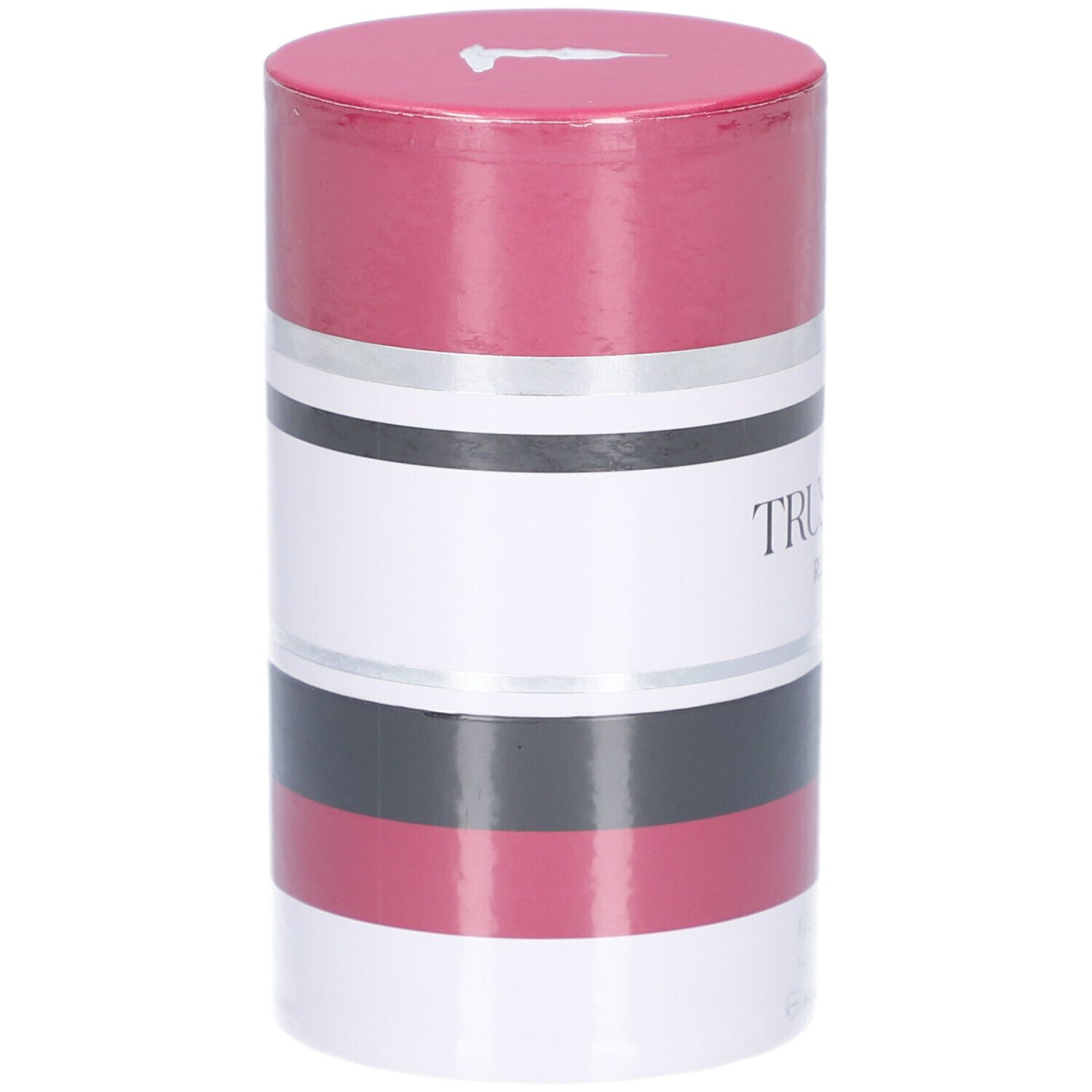 Trussardi Ruby Red Eau de Parfum Naturspray in zylindrischer Verpackung mit roten und silbernen Streifen.