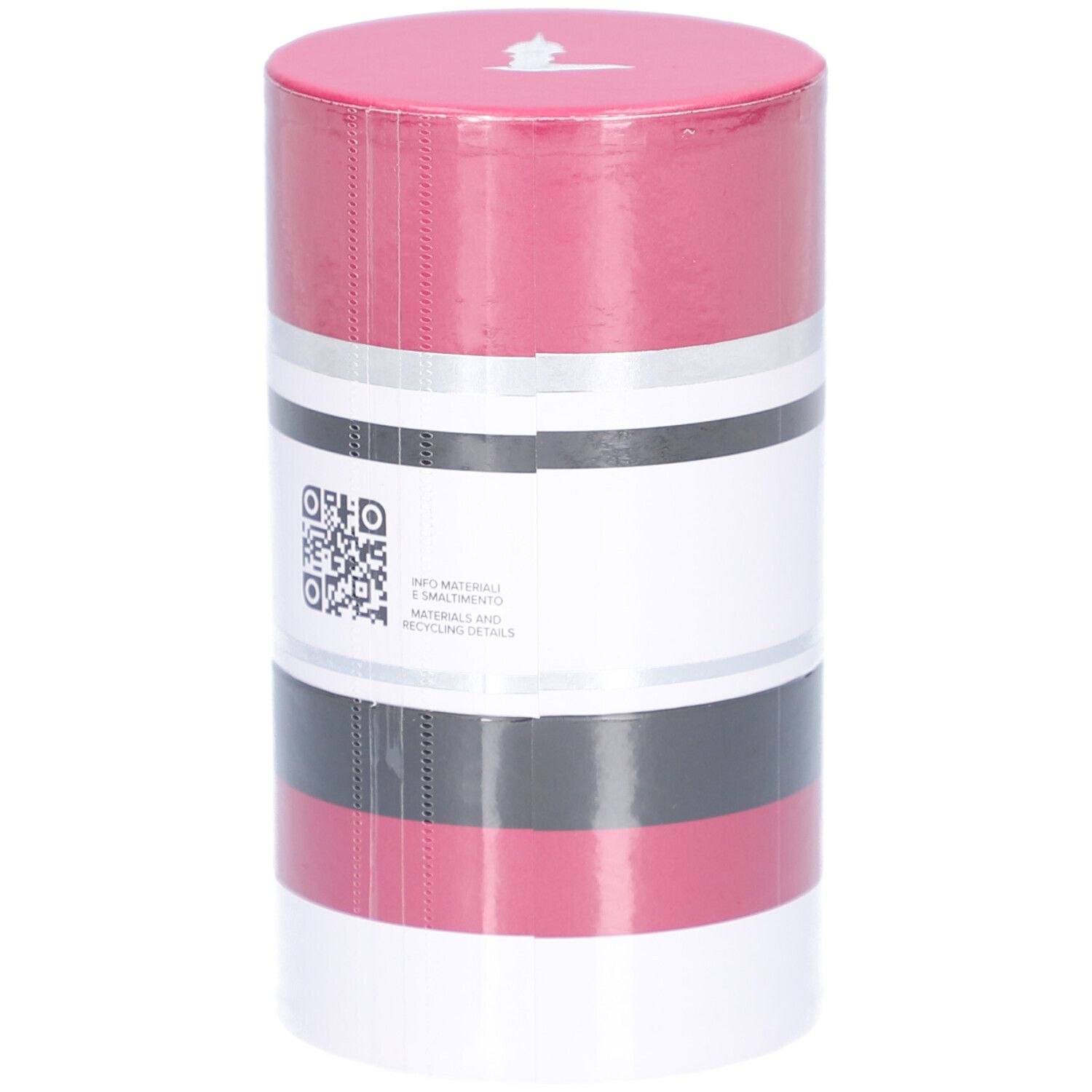 Trussardi Ruby Red Eau de Parfum Naturspray in zylindrischer Verpackung mit QR-Code und roten/silbernen Streifen.