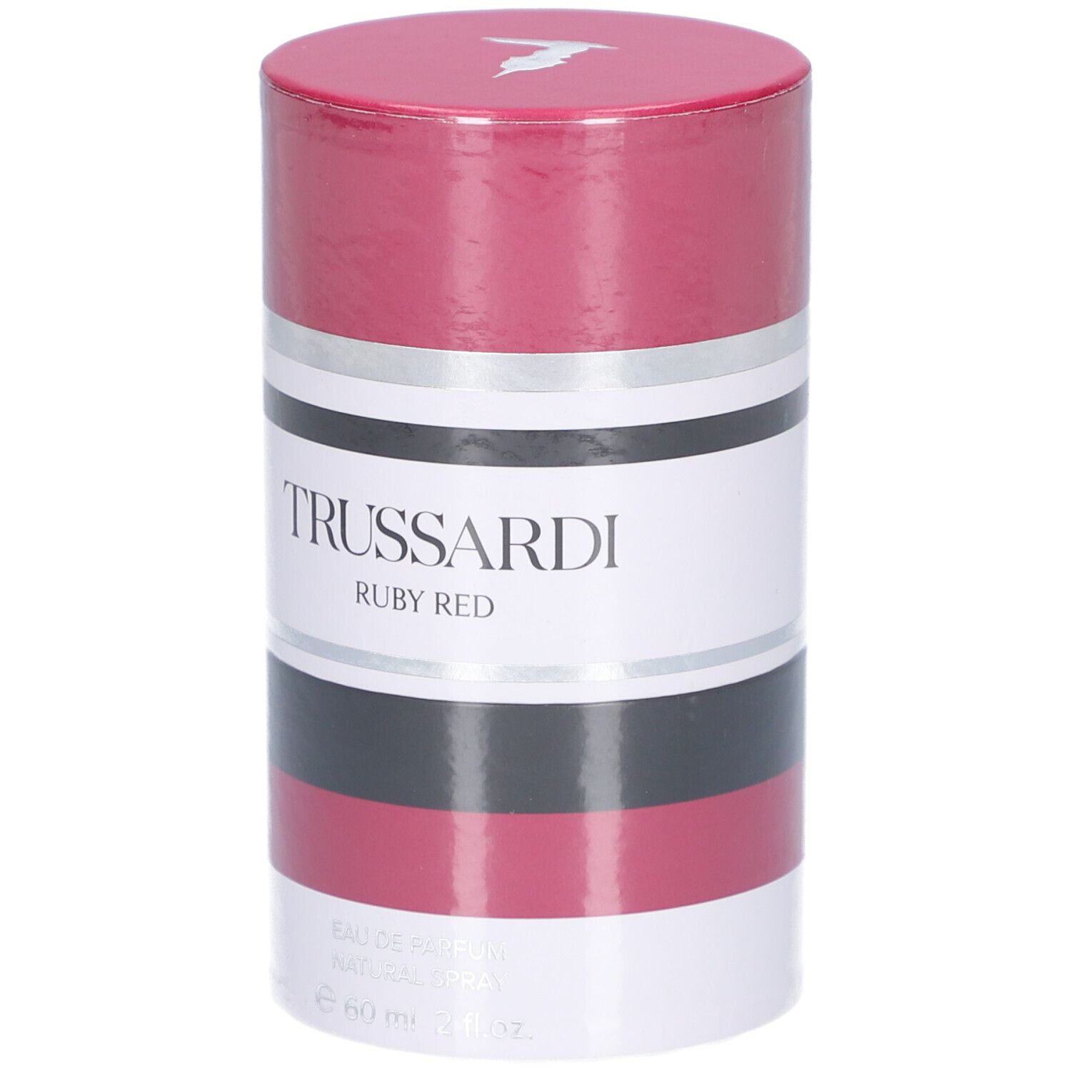 Zylindrische Verpackung. Trussardi Ruby Red. Rot, Schwarz, Silber und Weiß. Deckel mit Logo. Text: Trussardi, Ruby Red.