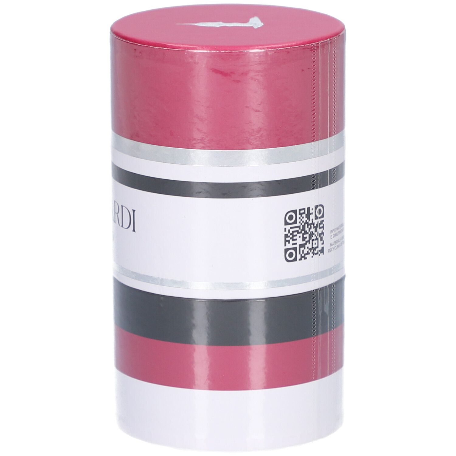 Zylindrische Verpackung. Trussardi Ruby Red. Rot, Schwarz, Silber und Weiß. Deckel mit Logo. Text: Trussardi, Ruby Red.