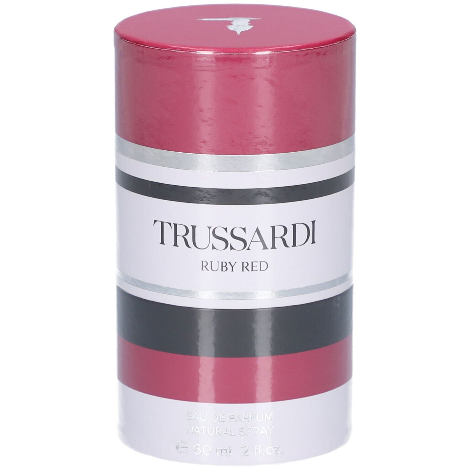 Zylindrische Verpackung. Trussardi Ruby Red. Rot, Schwarz, Silber und Weiß. Deckel mit Logo. Text: Trussardi, Ruby Red.