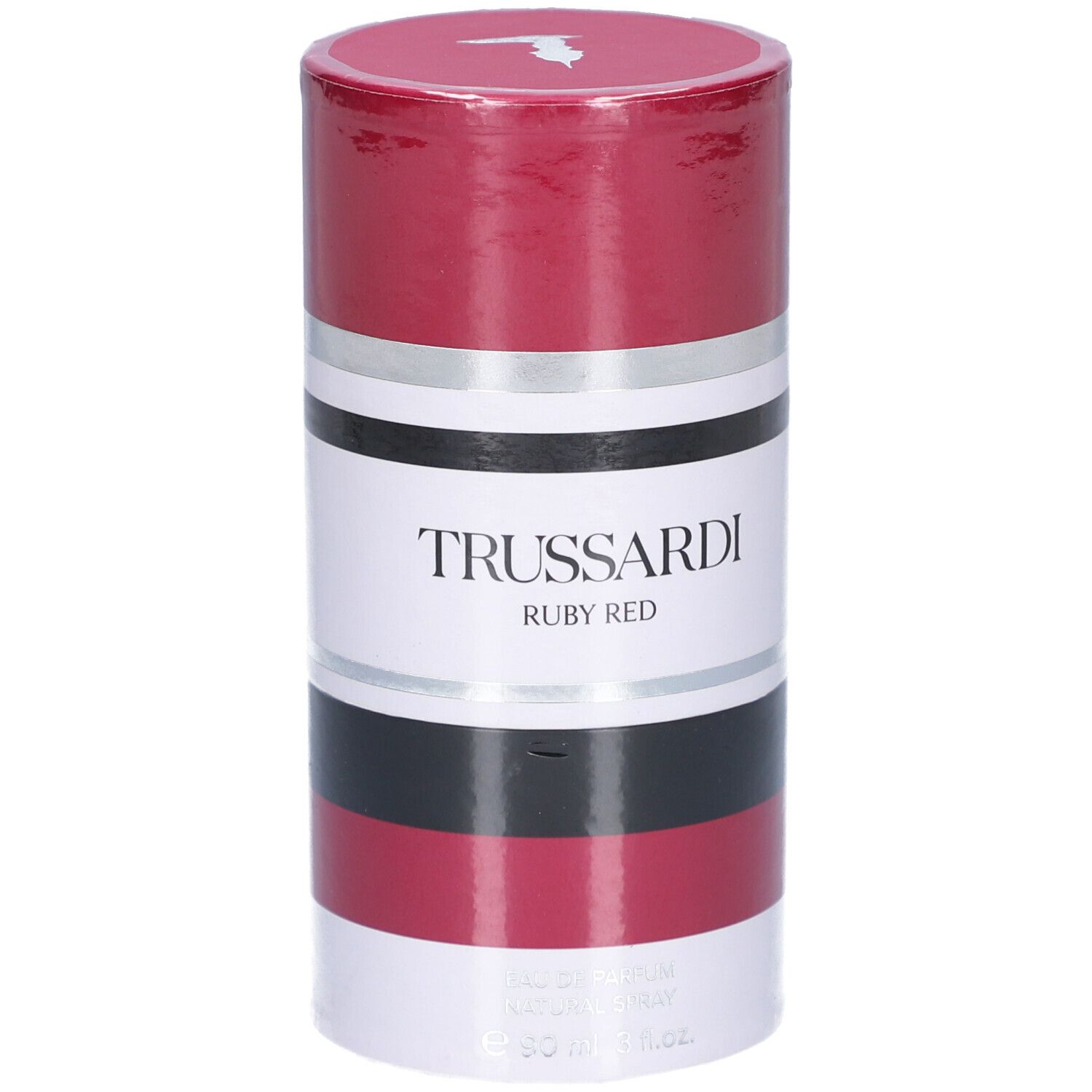 Verpackung von Trussardi Ruby Red EdP, zylindrisch, rot-weiß-silber-schwarz gestreift.