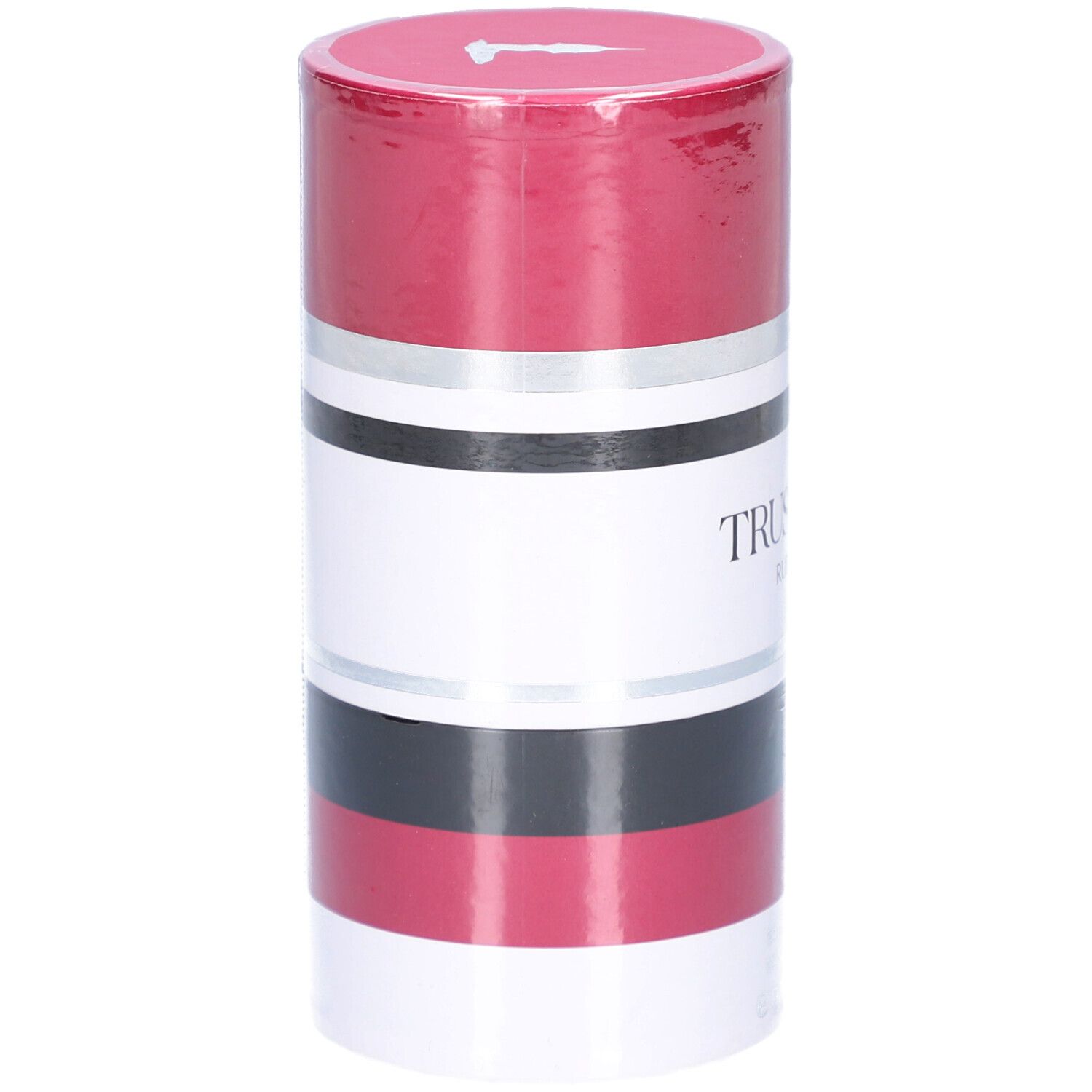 Verpackung von Trussardi Ruby Red EdP, zylindrisch, rot-weiß-silber-schwarz gestreift.