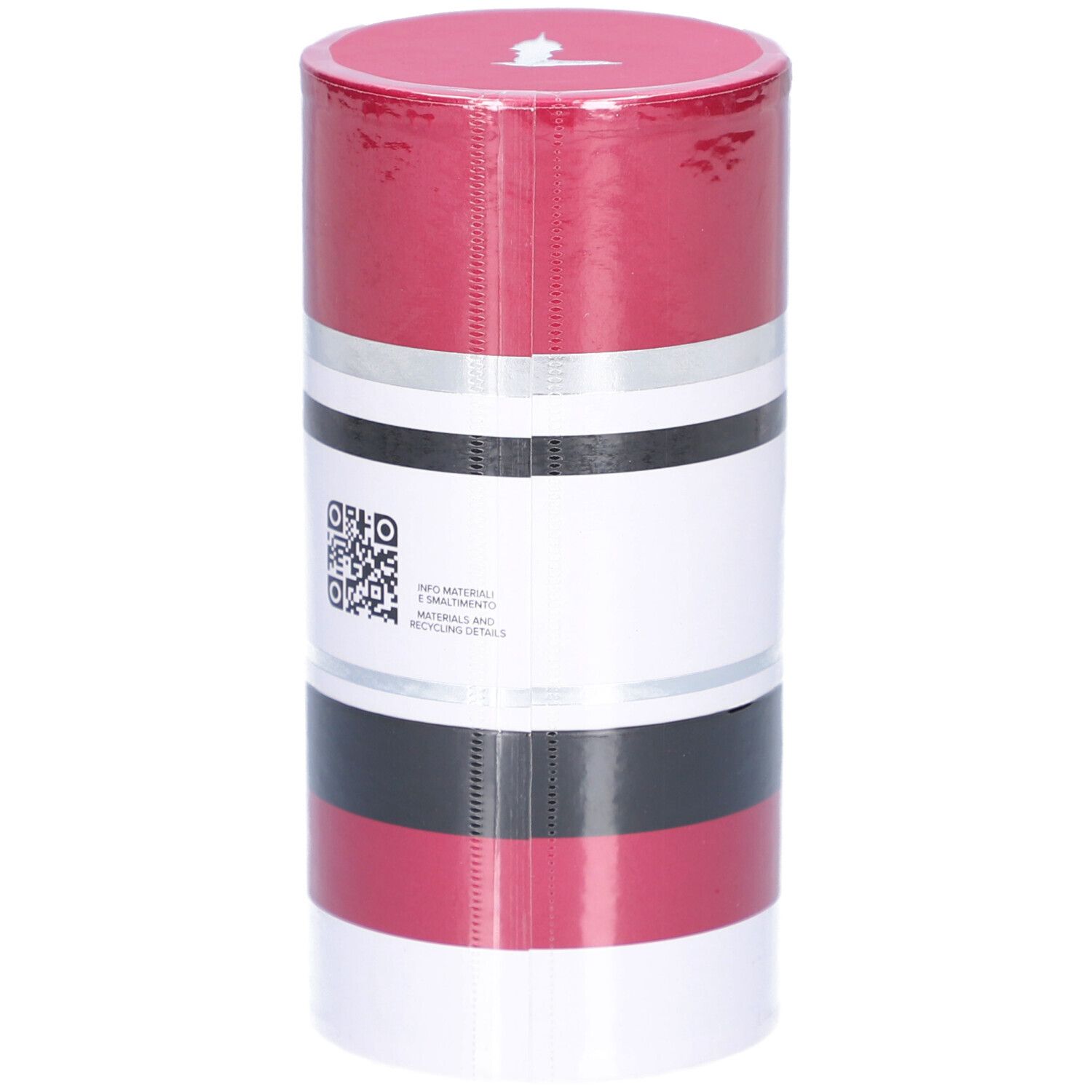 Verpackung von Trussardi Ruby Red EdP, zylindrisch, rot-weiß-silber-schwarz gestreift.