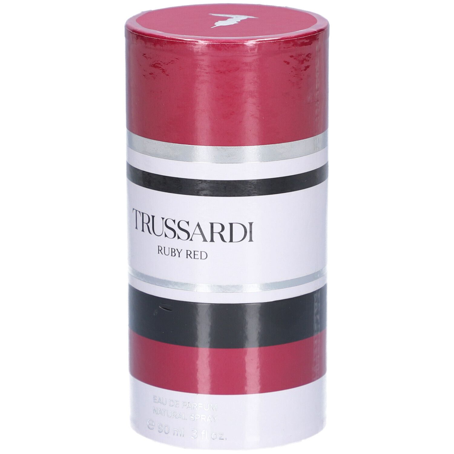 Zylindrische Verpackung. Rot, Weiß, Schwarz und Silber. Text: TRUSSARDI RUBY RED.