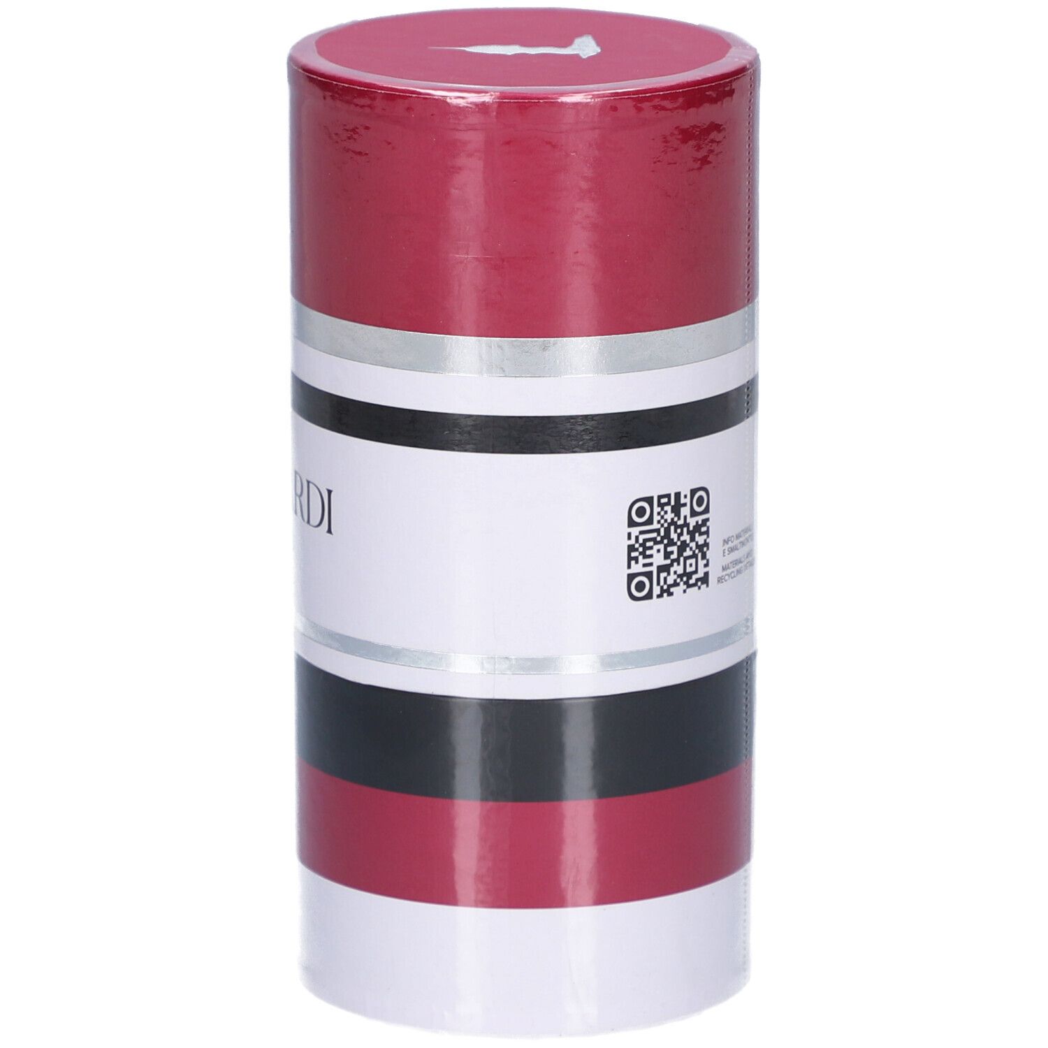 Zylindrische Verpackung. Rot, Weiß, Schwarz und Silber. Text: TRUSSARDI RUBY RED.