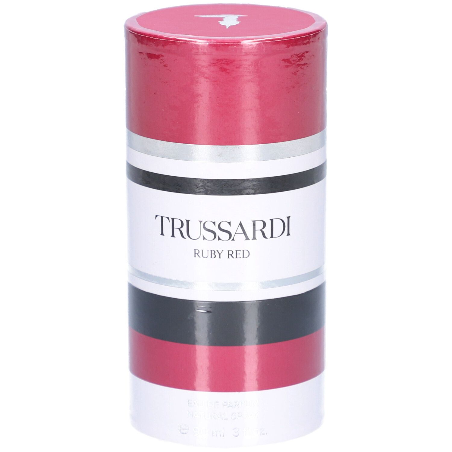 Verpackung von Trussardi Ruby Red EdP, zylindrisch, rot-weiß-silber-schwarz gestreift.