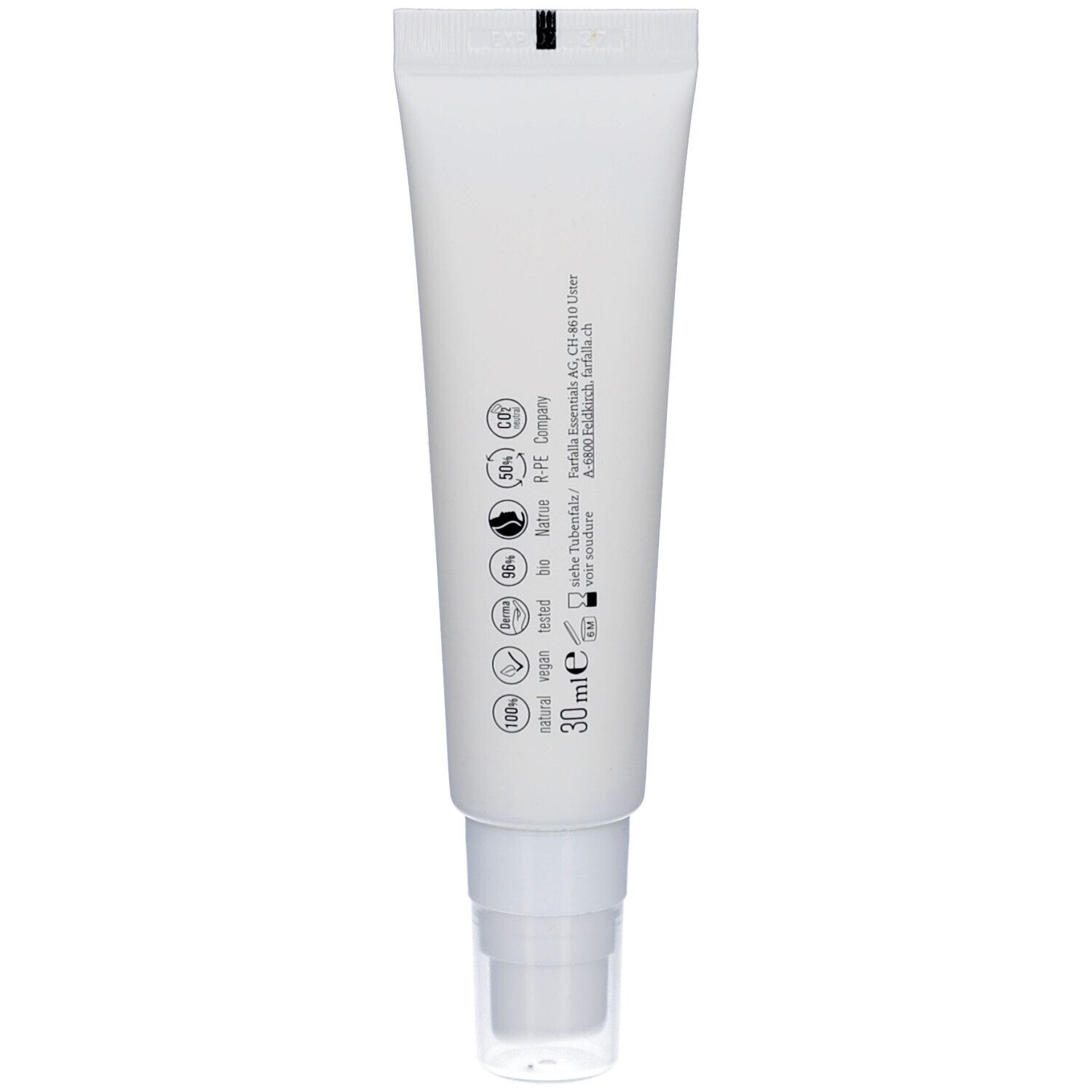 Rückseite der weißen Tube. Angaben zu Inhaltsstoffen und Zertifizierungen.