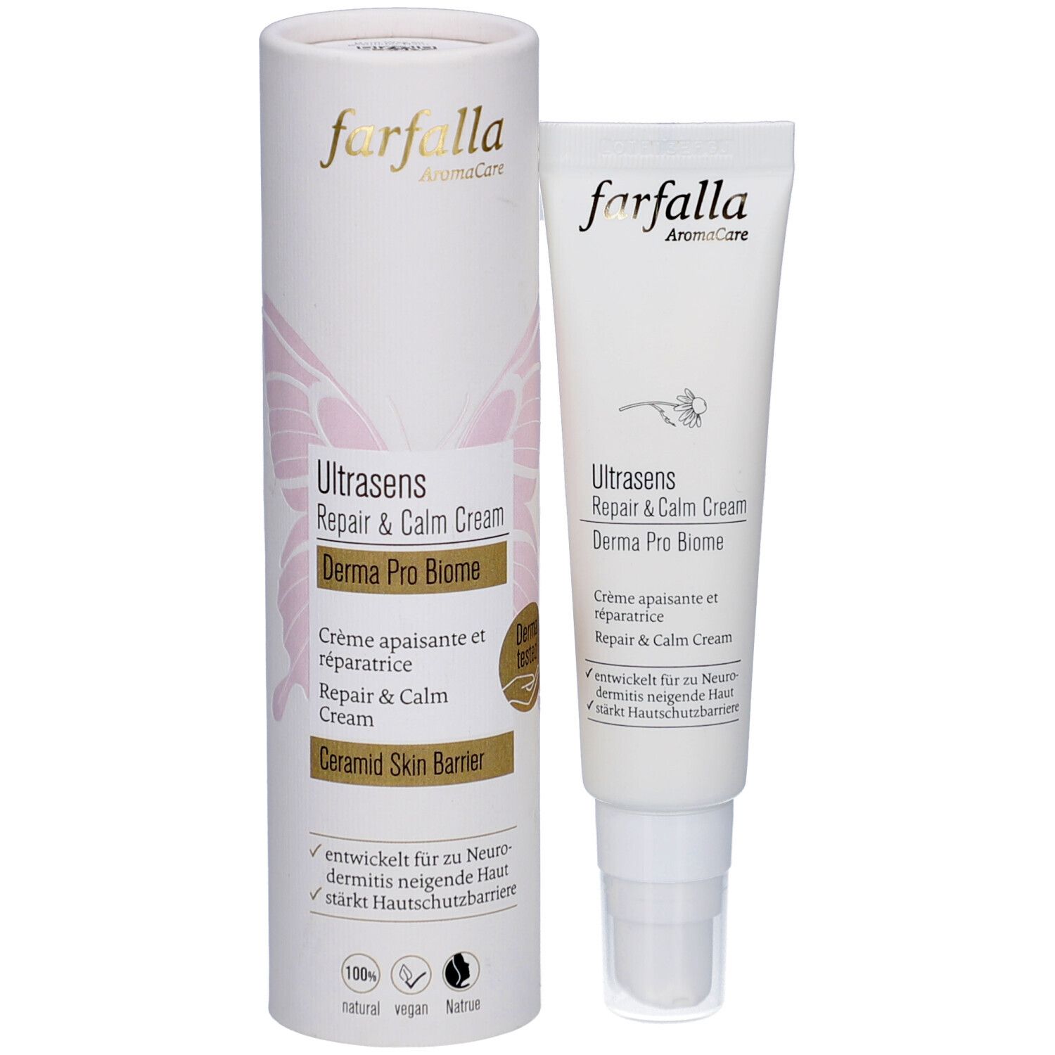 Tube und Verpackung. Farfalla Ultrasens Repair & Calm Cream. Verpackung mit Produktinformationen.