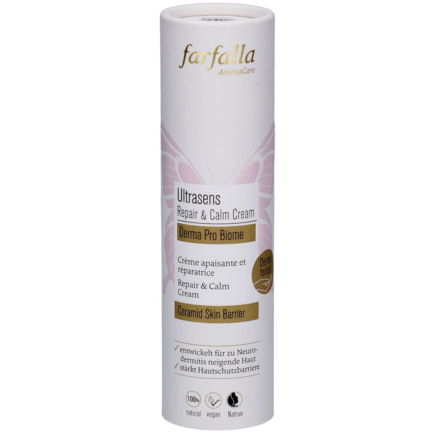 Zylindrische Verpackung. Farfalla Ultrasens Repair & Calm Cream. Produktinformationen und Logo.