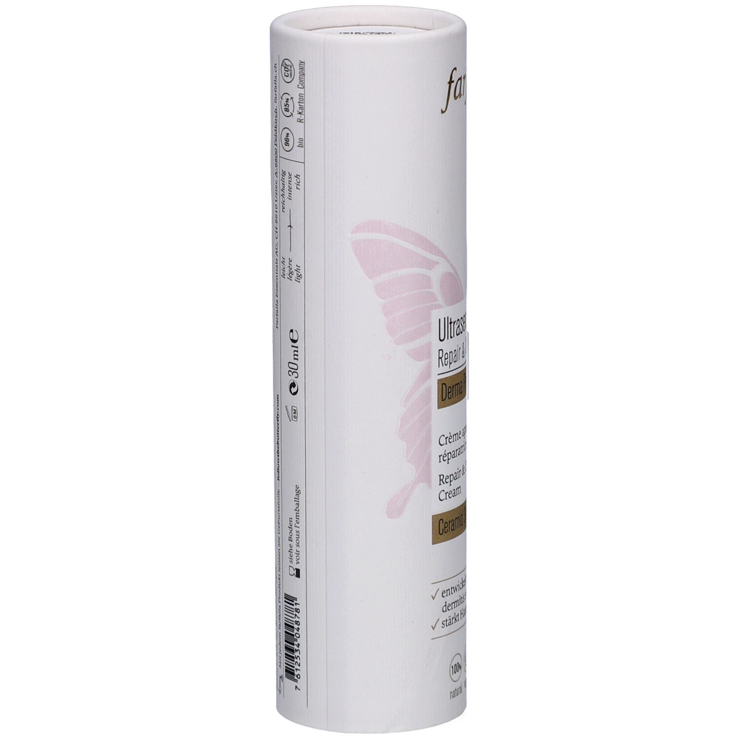 Zylindrische Verpackung. Farfalla Ultrasens Repair & Calm Cream. Produktinformationen und Logo.