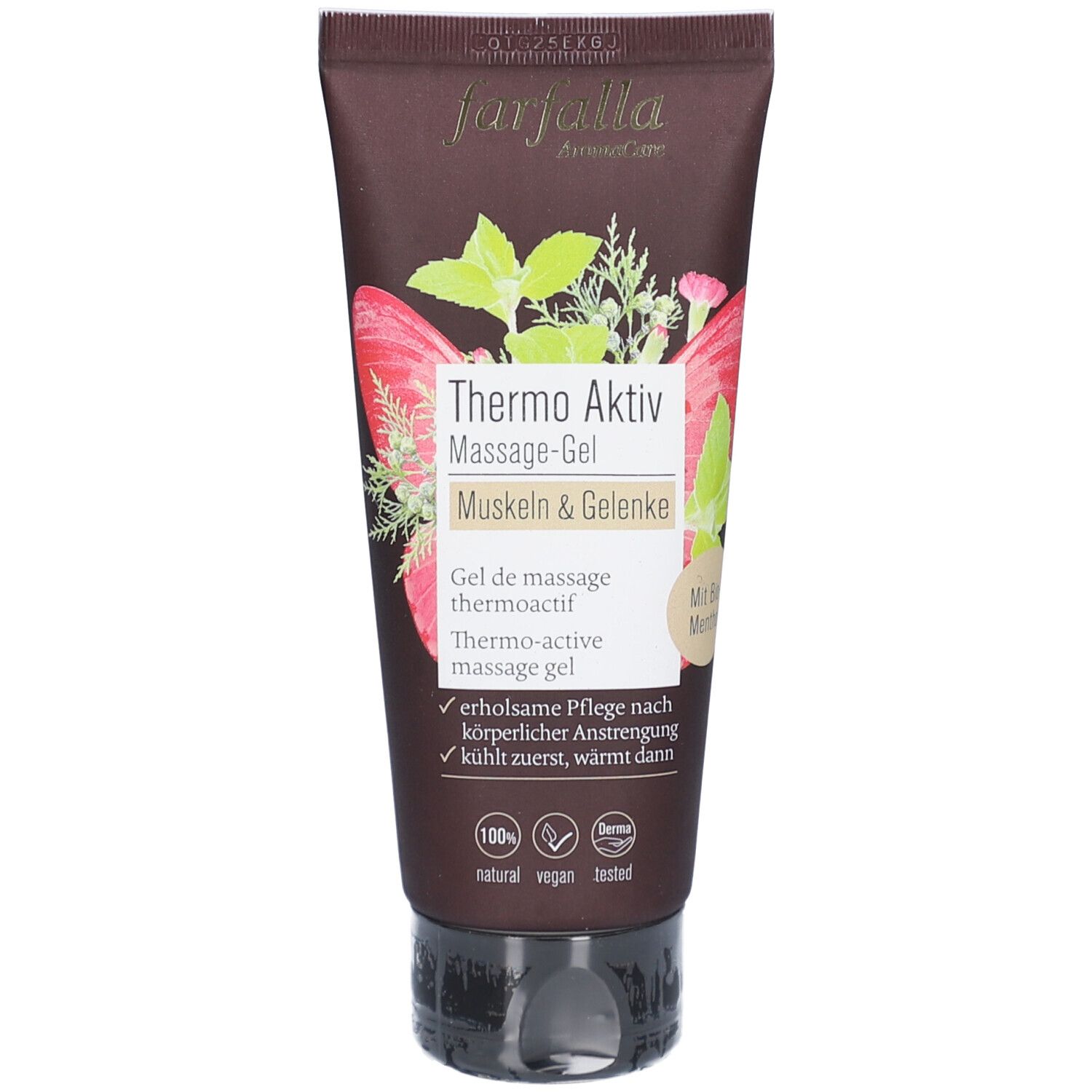 Braune Tube mit Aufschrift "Thermo Aktiv Massage-Gel". Illustrationen von Kräutern und Blättern. Logo "Farfalla".