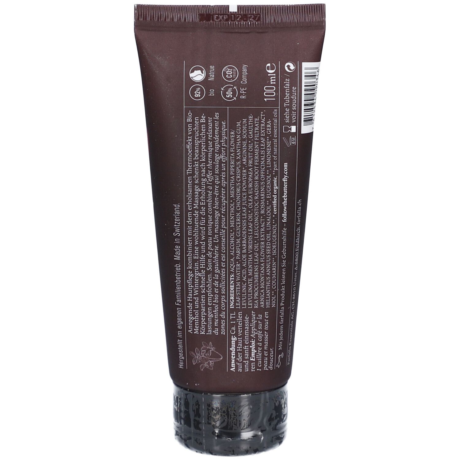 Rückseite der braunen Tube. Text mit Inhaltsstoffen und Anwendungshinweisen. Logo "Farfalla".