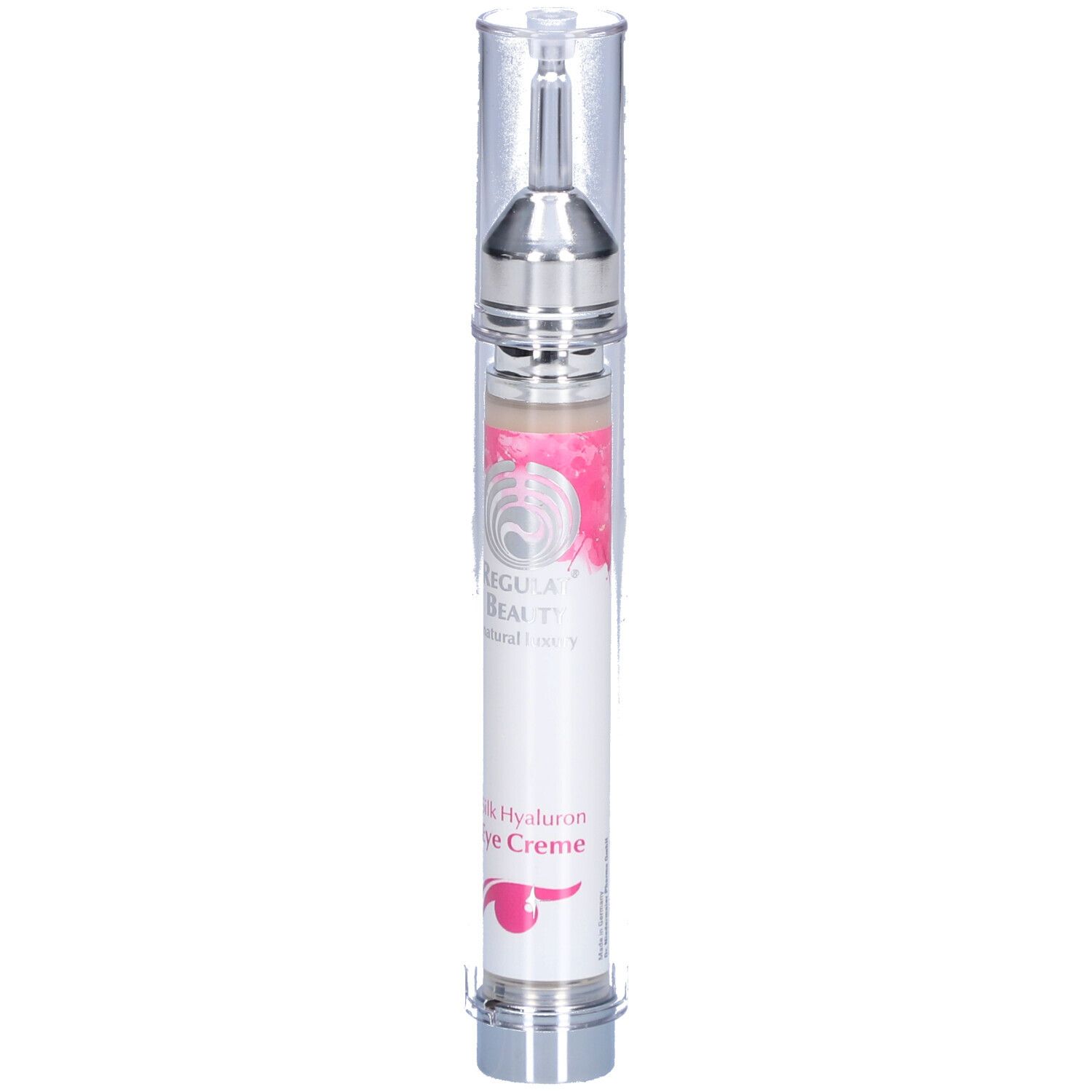 Augencreme in einer transparenten Flasche mit silberfarbenen Elementen. Beschriftung: Silk Hyaluron Eye Creme.
