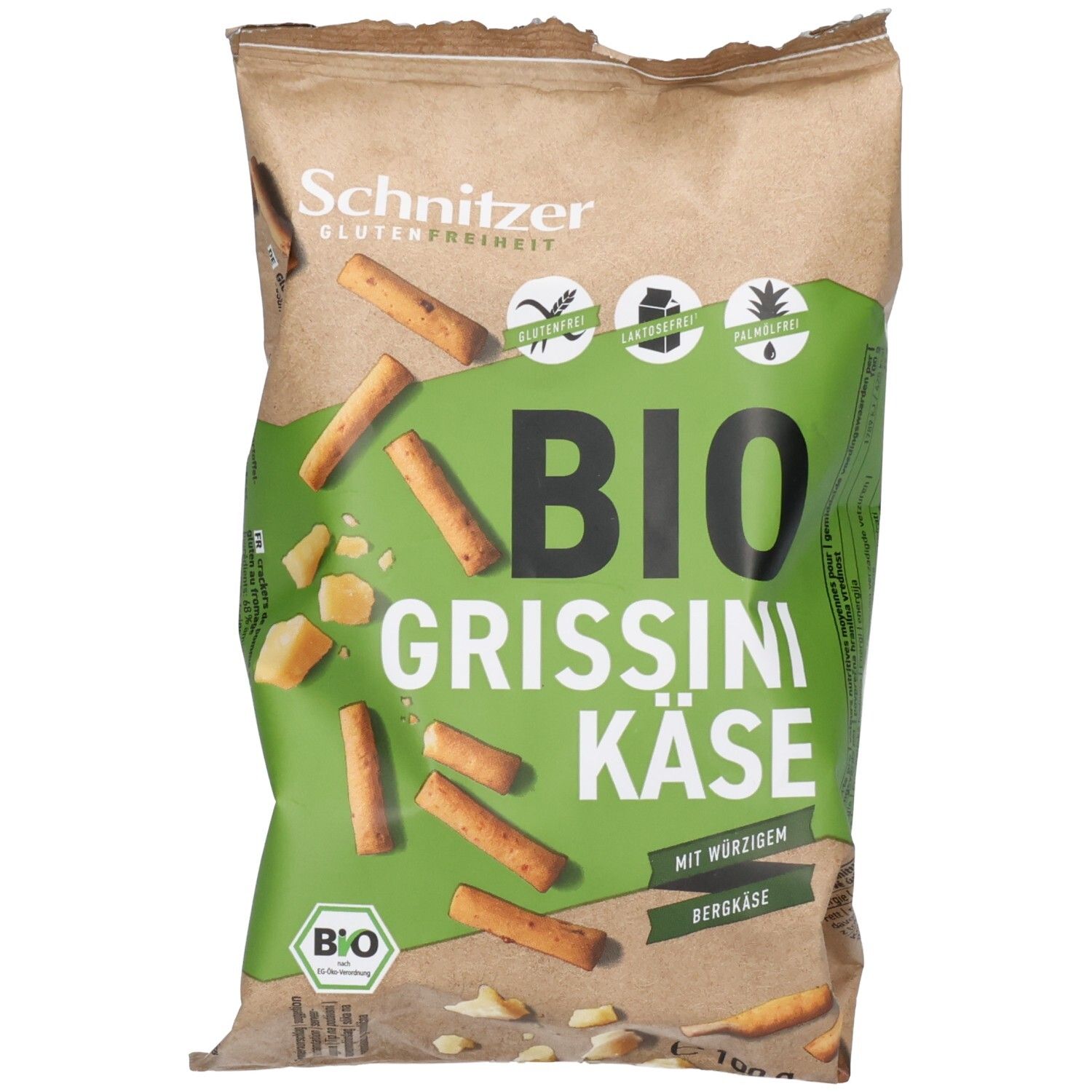Packung Schnitzer Bio Grissini Käse, glutenfrei, mit Bergkäse.