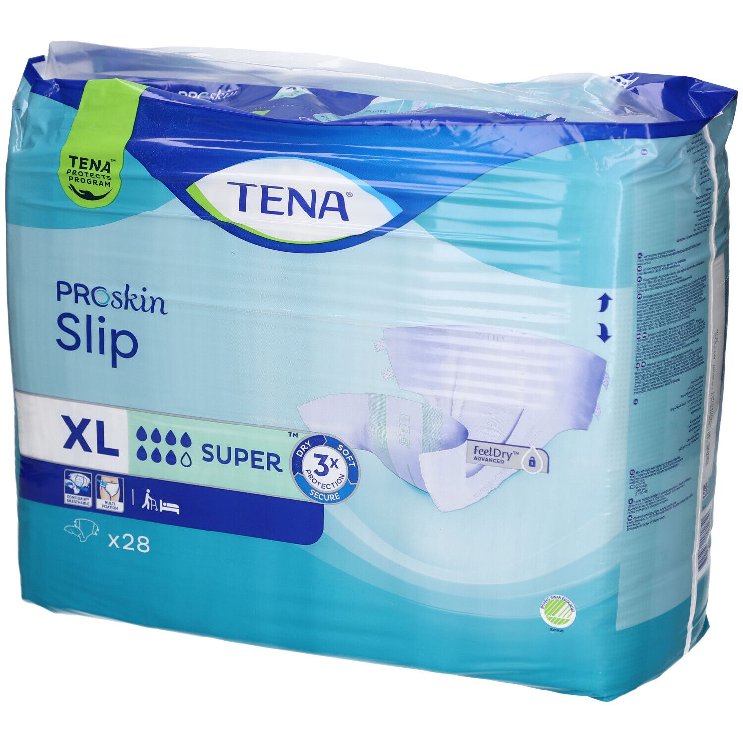 Verpackung TENA ProSkin Slip Super XL. Blau-weiß. XL, Super, 28 Stück. TENA-Logo und Produktbezeichnung.