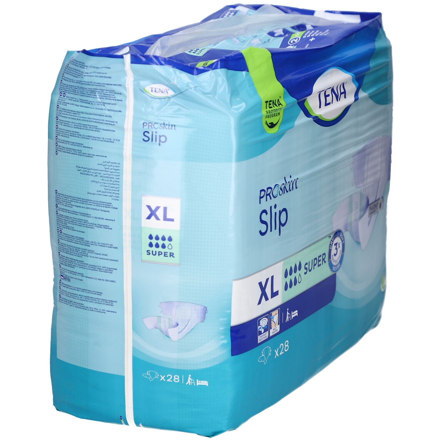 Verpackung TENA ProSkin Slip Super XL. Blau-weiß. XL, Super, 28 Stück. TENA-Logo und Produktbezeichnung. Schrägansicht.