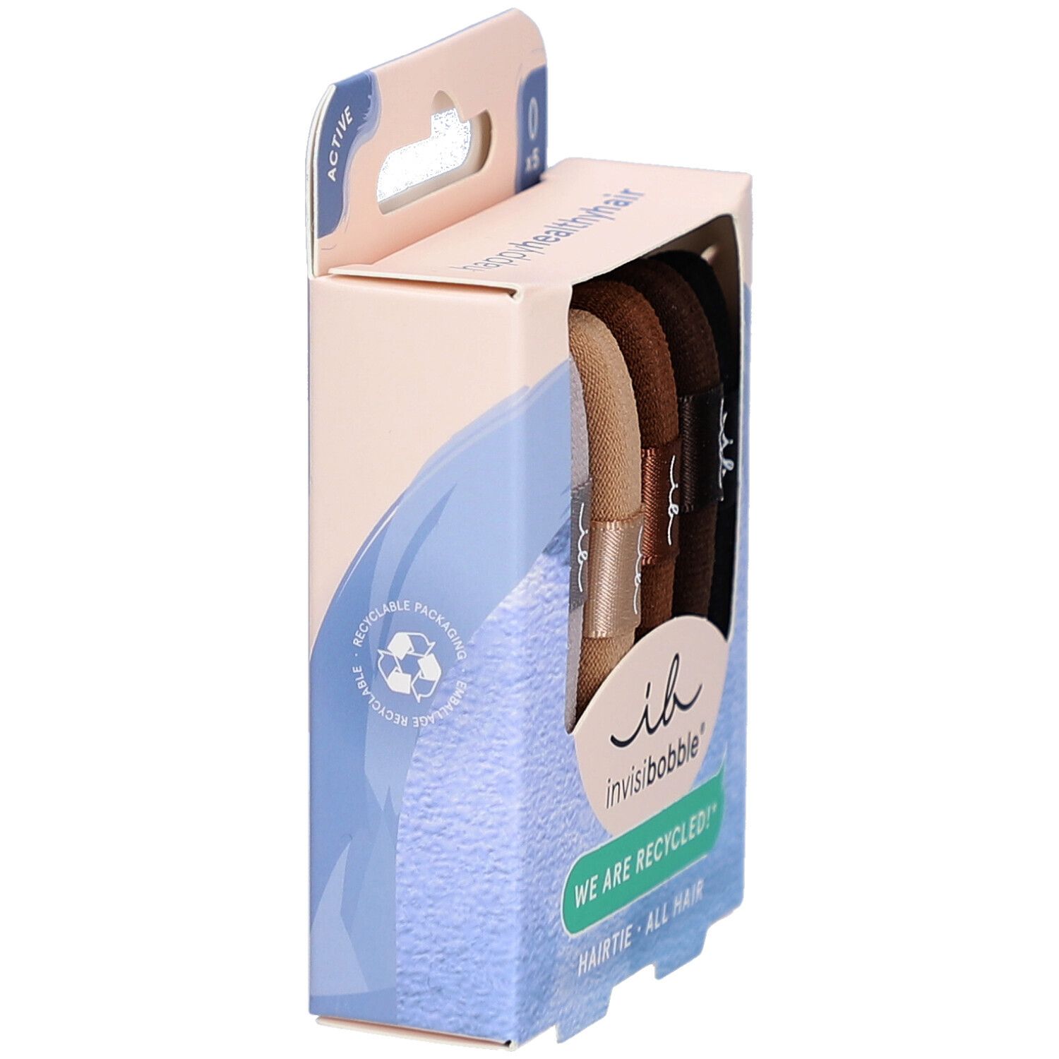 Packung mit fünf Haargummis in verschiedenen Brauntönen. Marke: Invisibobble. Aufschrift: "WE ARE RECYCLED!"