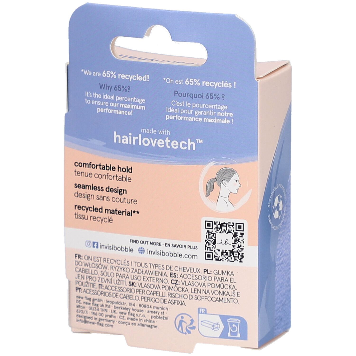 Rückseite der Verpackung mit Informationen. Text: "hairlovetech", "comfortable hold", "recycled material".