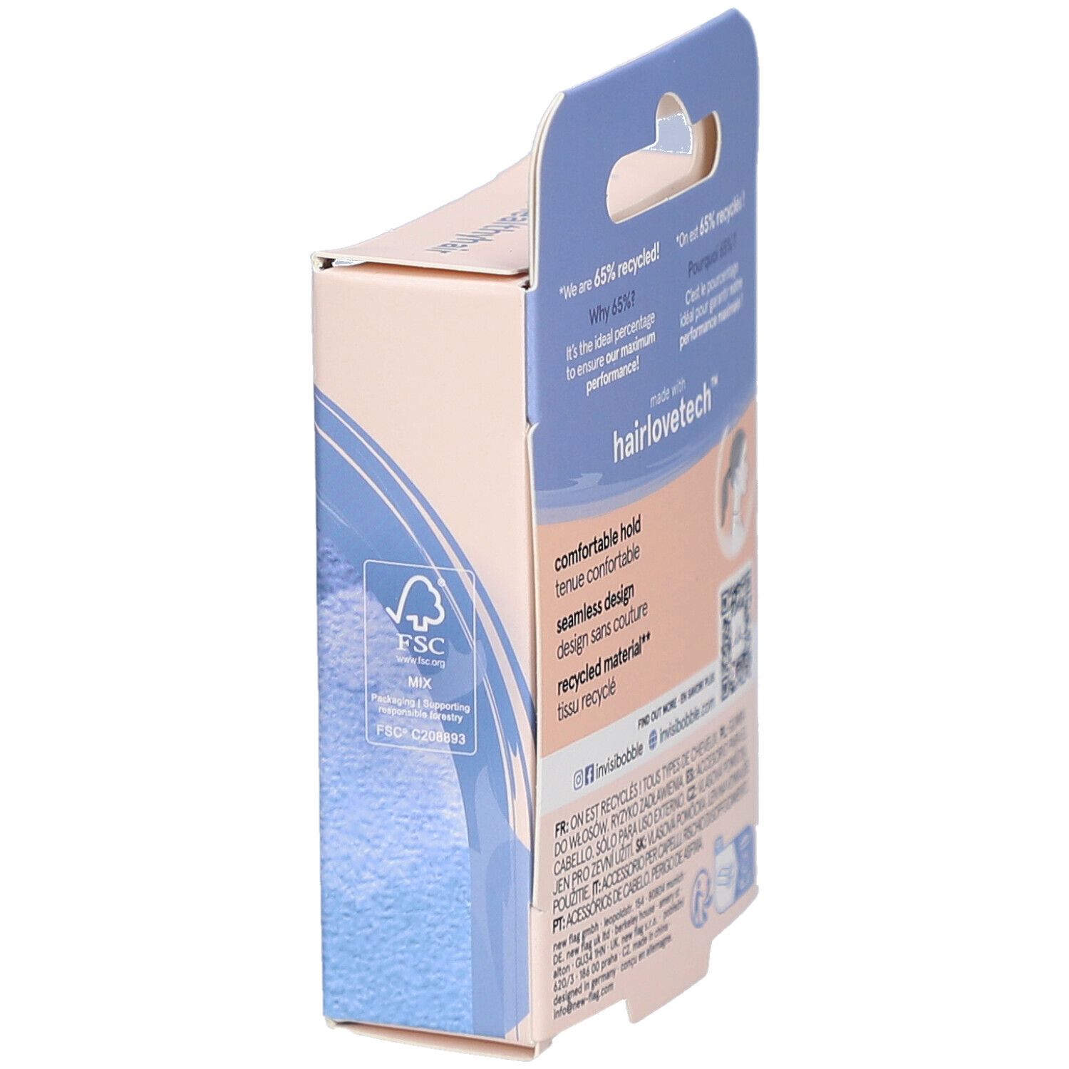 Verpackung mit FSC-Logo. Text: "hairlovetech", "comfortable hold", "recycled material".