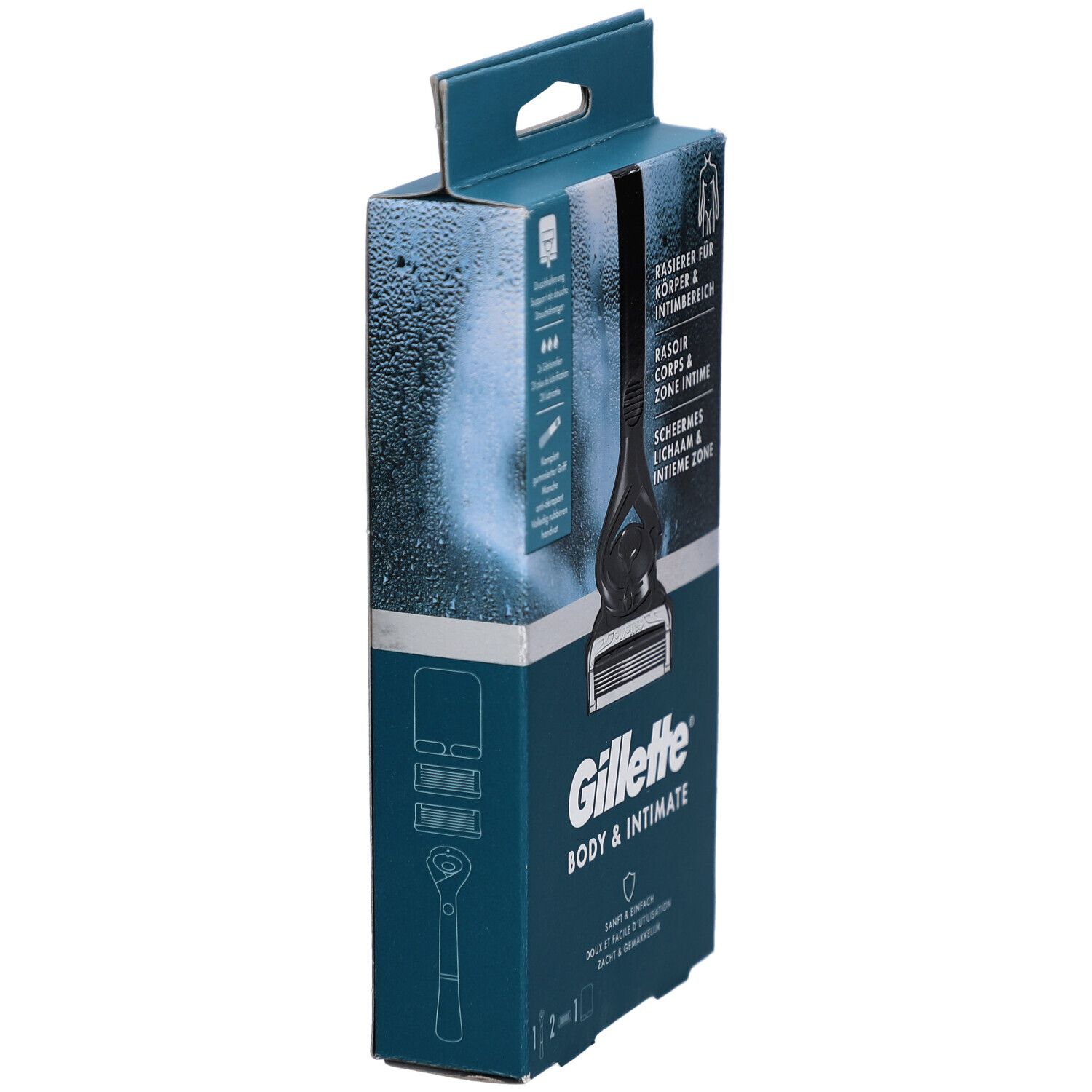 Seitenansicht der Verpackung. Text: Gillette Body & Intimate. Enthält Rasierer für Körper & Intimbereich.