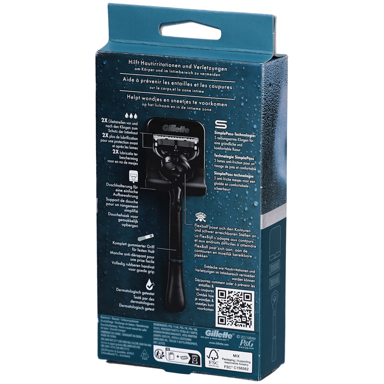 Rückseite der Verpackung. Text: Gillette. Enthält Rasierer für Körper & Intimbereich. Mit QR-Code.