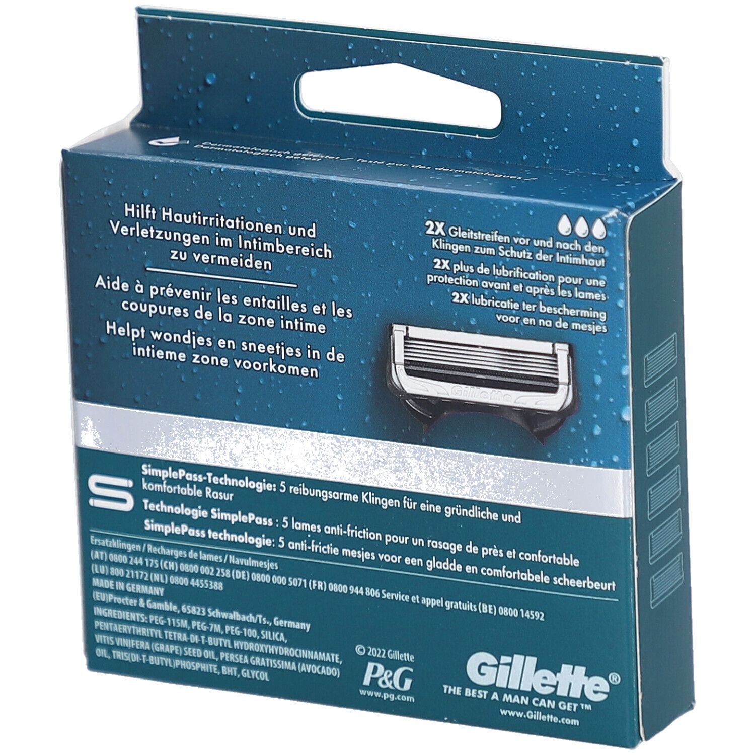 Rückseite der Verpackung. Text: Hilft Hautreizungen zu vermeiden. Produktabbildung. Text: Gillette, P&G.