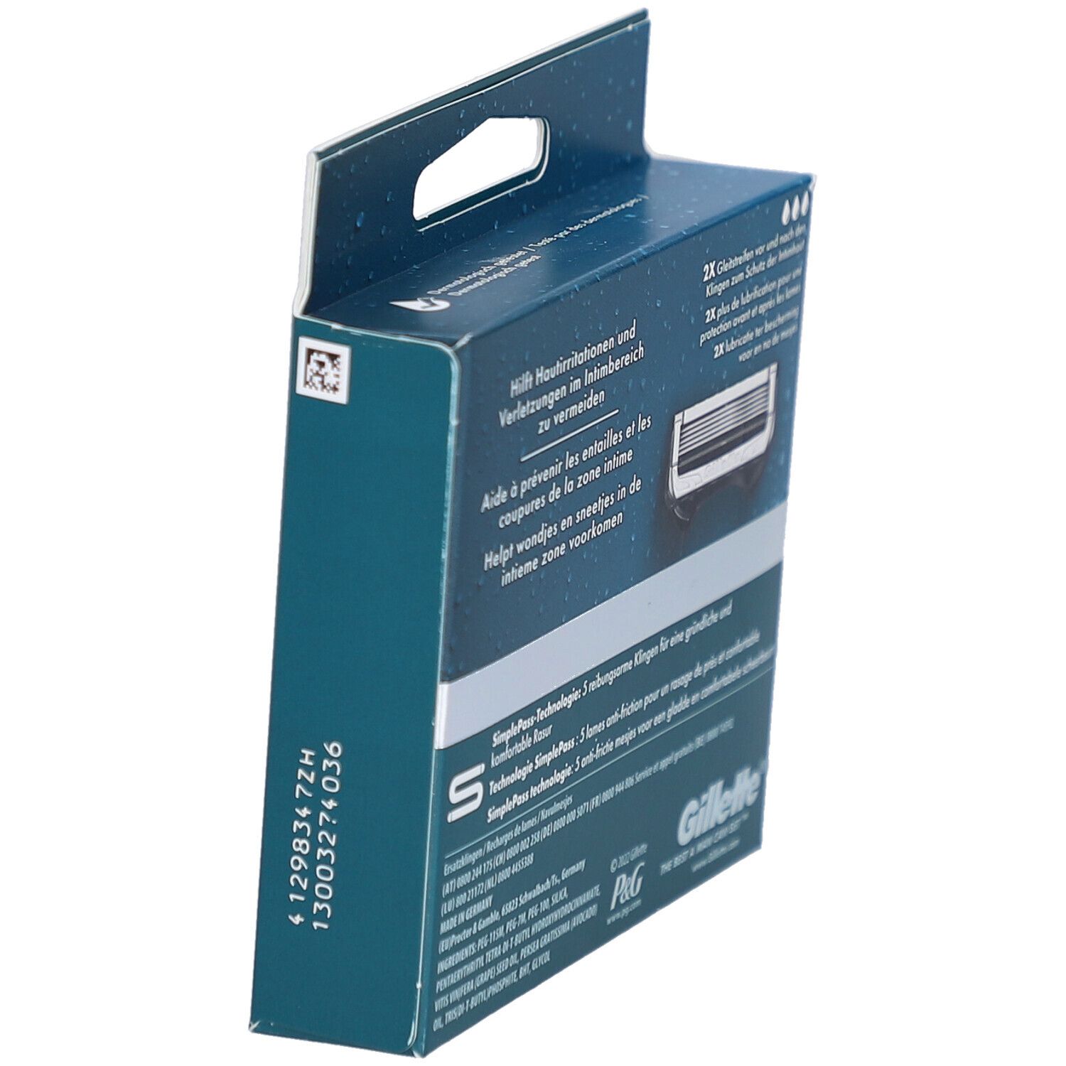 Verpackung, Rückseite. Text: Hilft Hautreizungen zu vermeiden. Text: Gillette, P&G.