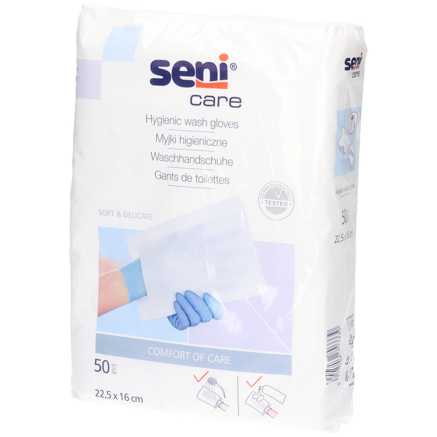 Packung mit 50 SENI Care hygienischen Waschhandschuhen, 22,5 x 16 cm.