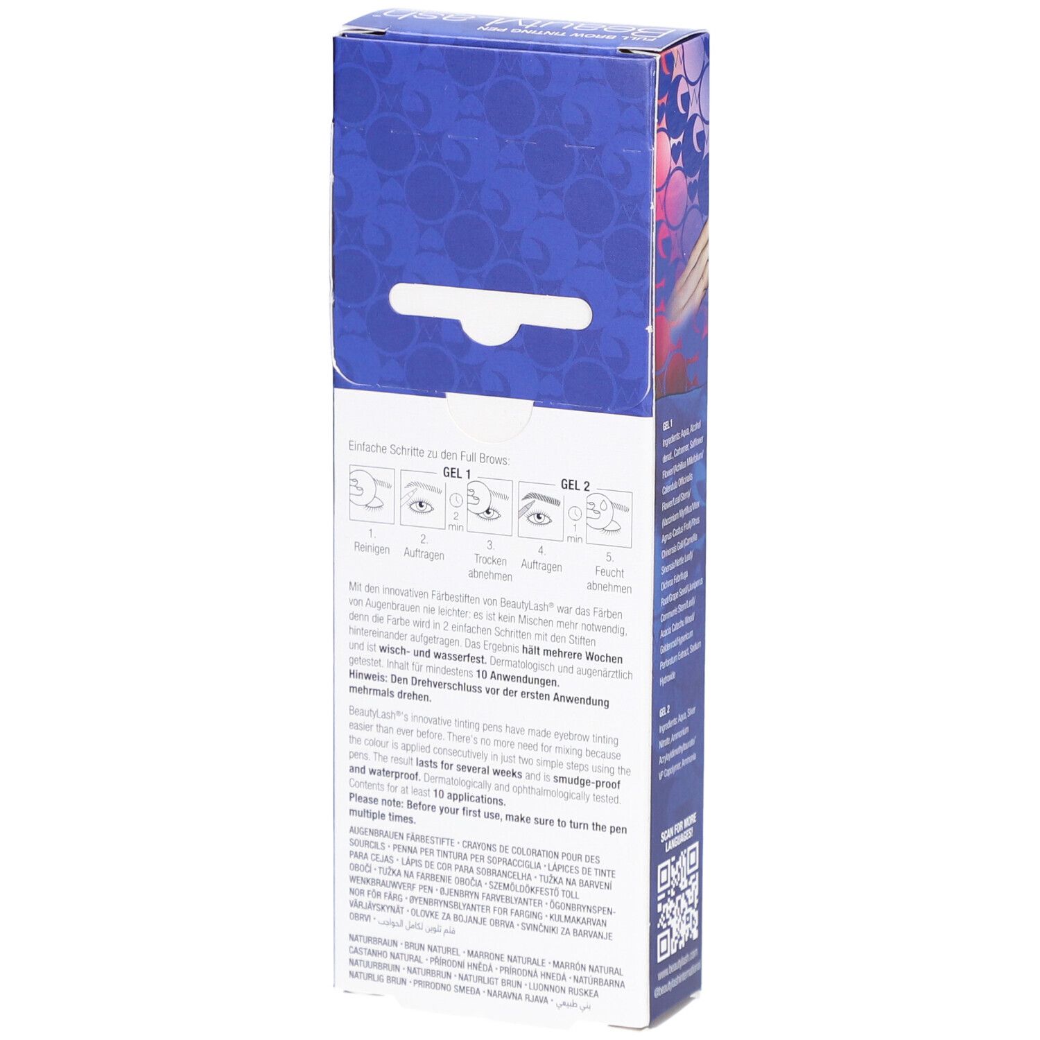 Rückseite der BeautyLash Two Go Verpackung. Abgebildet sind Anwendungsschritte und Informationen.