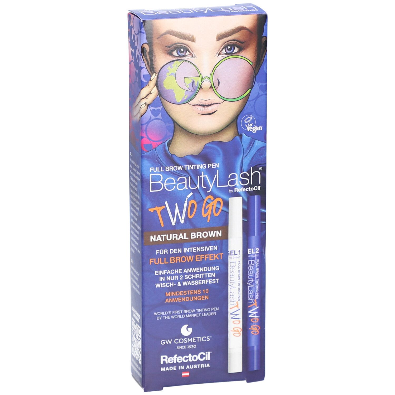 BeautyLash Two Go Verpackung mit Stift und Tube. Auf der Verpackung ist ein Gesicht mit Brille abgebildet.