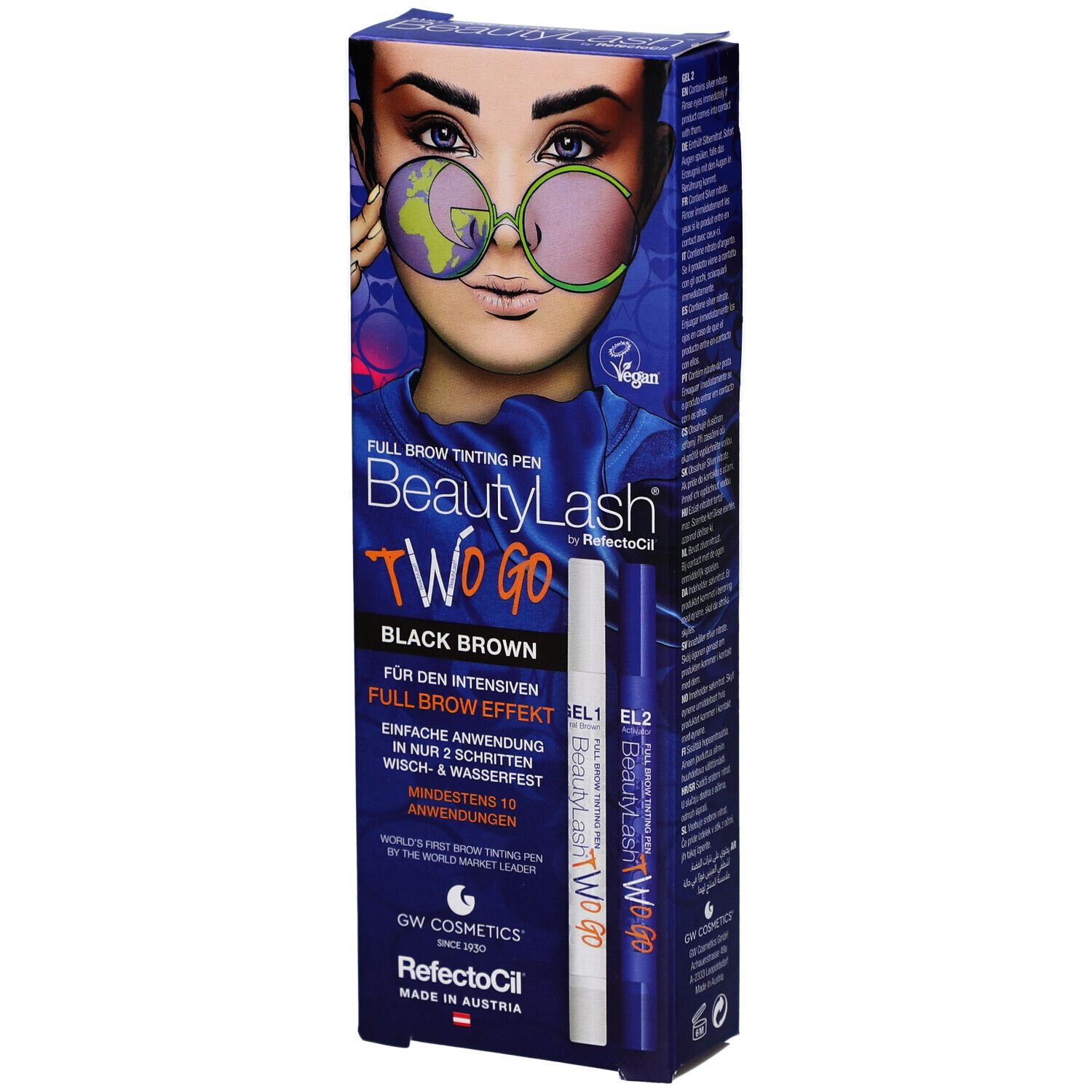 RefectoCil BeautyLash TWO GO Färbstift Black Brown. Verpackung mit Produktabbildung und Text. Enthält zwei Stifte.