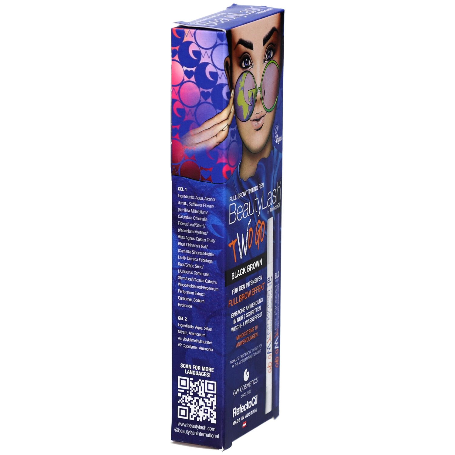 RefectoCil BeautyLash TWO GO Black Brown. Schmale, blaue Verpackung mit Produktinformationen und Abbildungen.