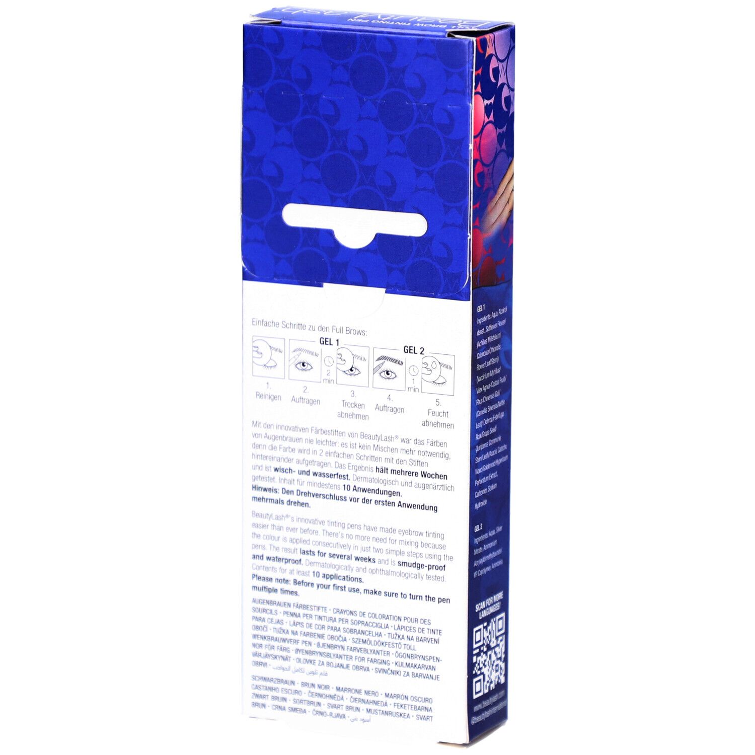 RefectoCil BeautyLash TWO GO Black Brown. Rückseite der Verpackung mit Anwendungsanleitung und Inhaltsstoffen.