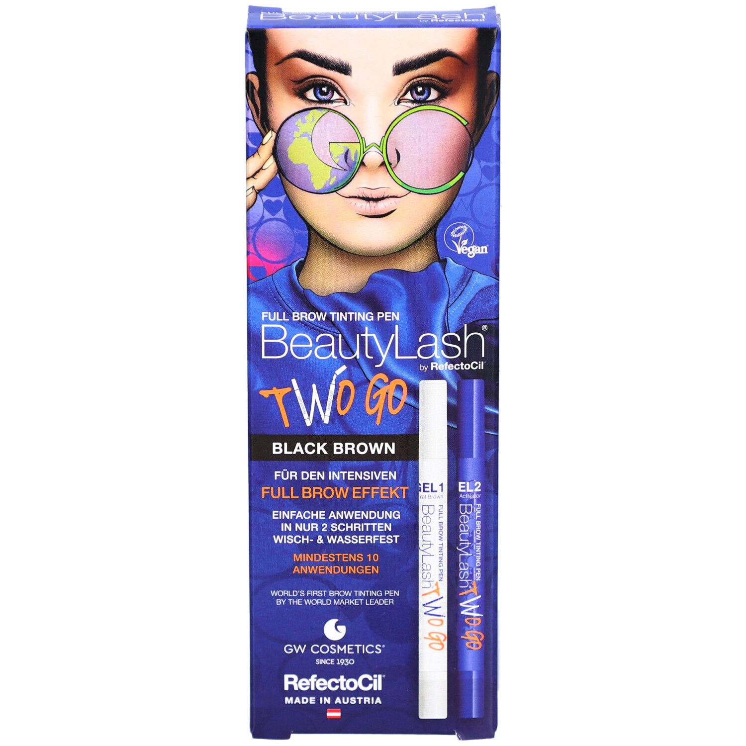 RefectoCil BeautyLash TWO GO Black Brown. Verpackung mit Produktabbildung und Text. Enthält zwei Stifte.
