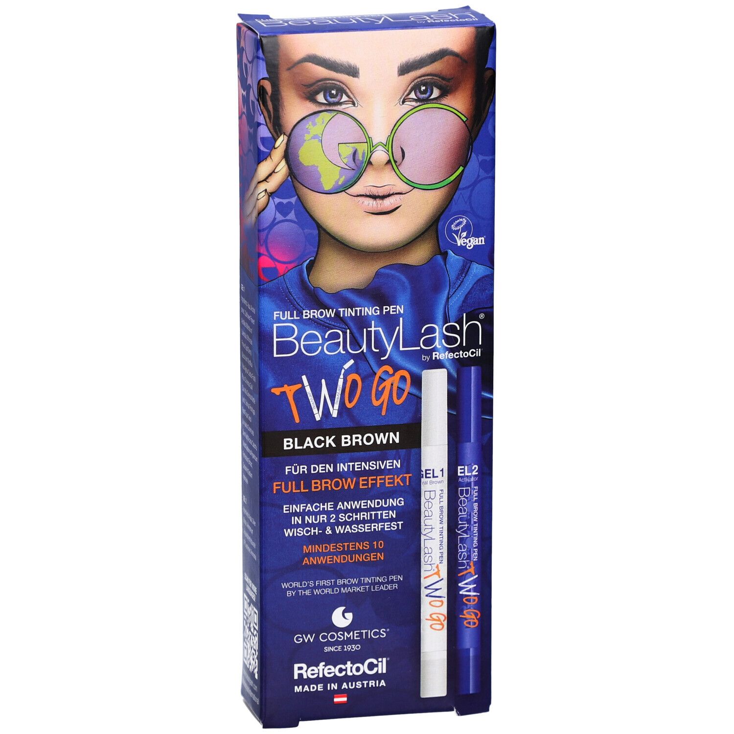 RefectoCil BeautyLash TWO GO Black Brown. Verpackung mit Produktabbildung und Text. Enthält zwei Stifte.