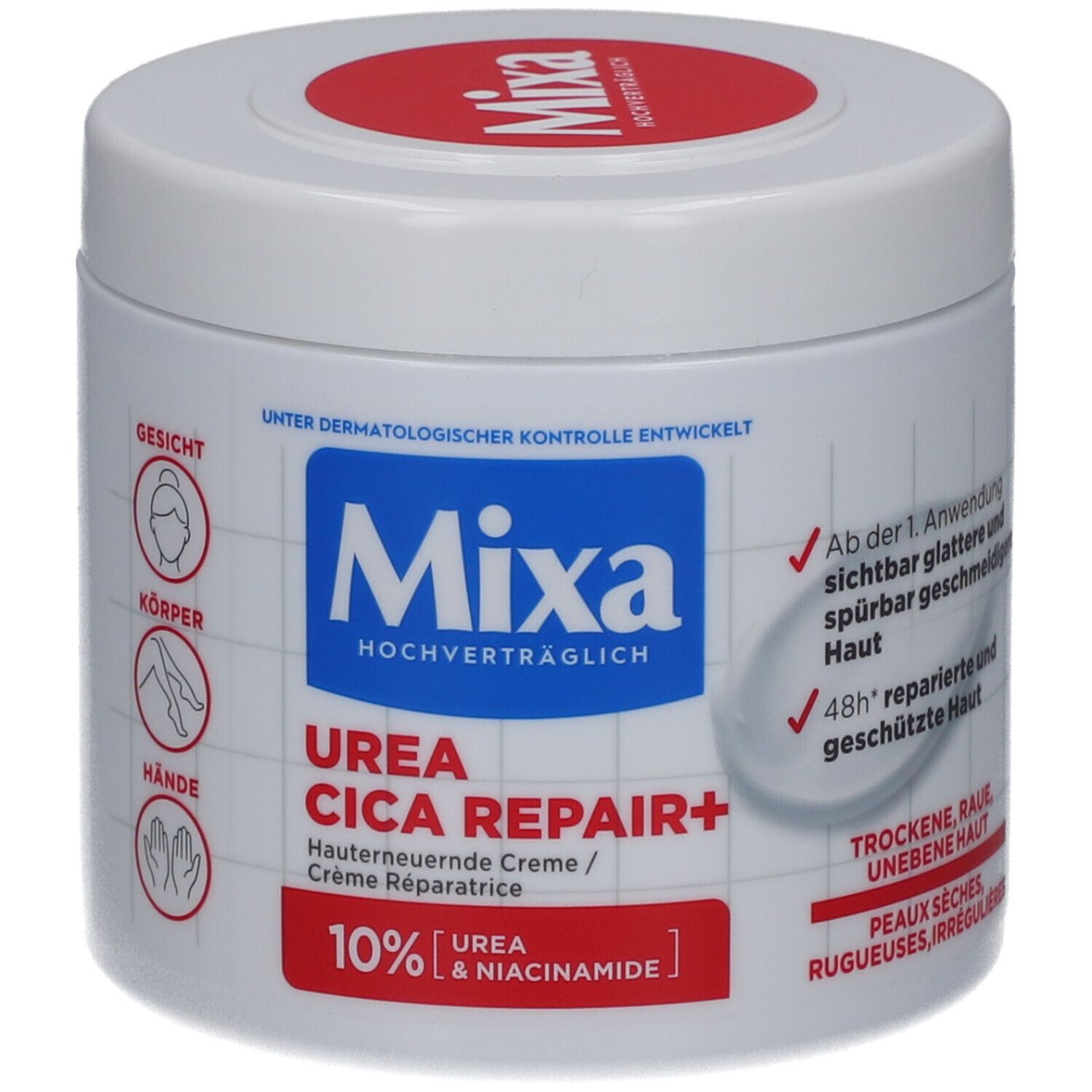 Weißer Tiegel mit rotem Deckel und blauer Aufschrift Mixa. Produktname: Urea Cica Repair+. 10% Urea & Niacinamide.