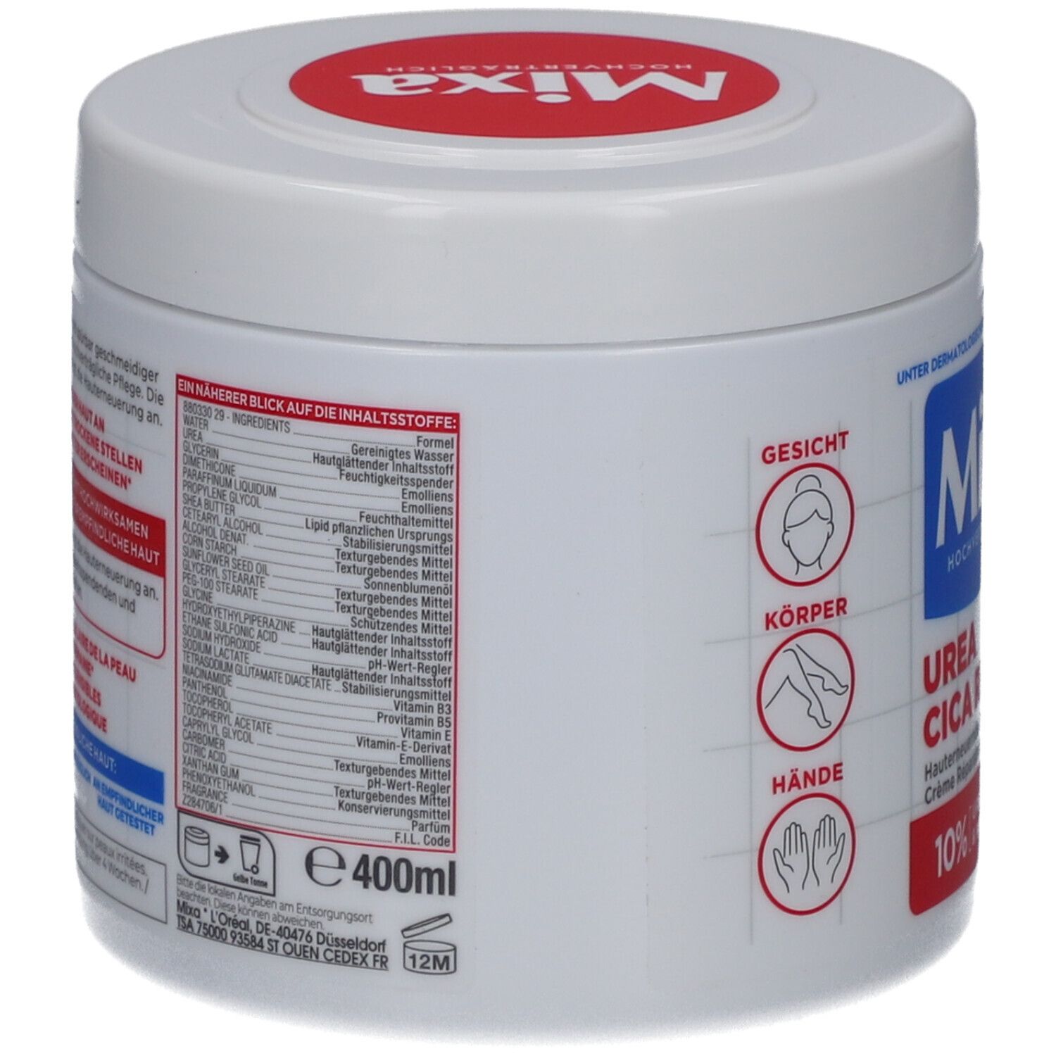 Weißer Tiegel mit rotem Deckel. Aufschrift Mixa und Produktinformationen. Rückseite mit Inhaltsstoffen und 400ml Volumen.