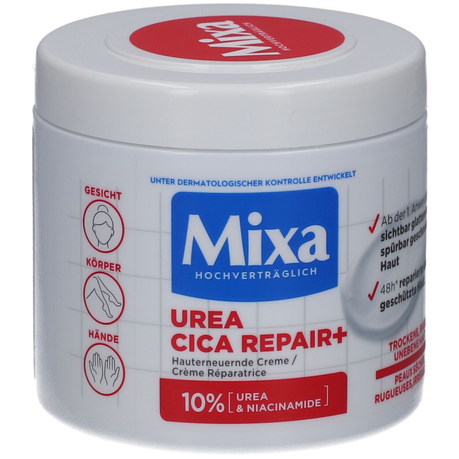 Weißer Tiegel mit rotem Deckel und blauer Aufschrift Mixa. Produktname: Urea Cica Repair+. 10% Urea & Niacinamide.