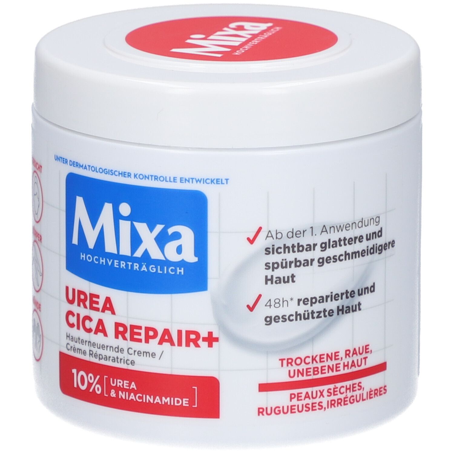 Weißer Tiegel mit rotem Deckel und blauer Aufschrift Mixa. Produktname: Urea Cica Repair+. 10% Urea & Niacinamide.